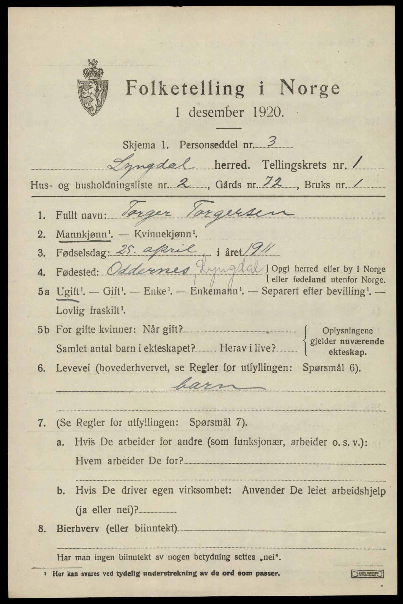 SAK, 1920 census for Lyngdal, 1920, p. 1339