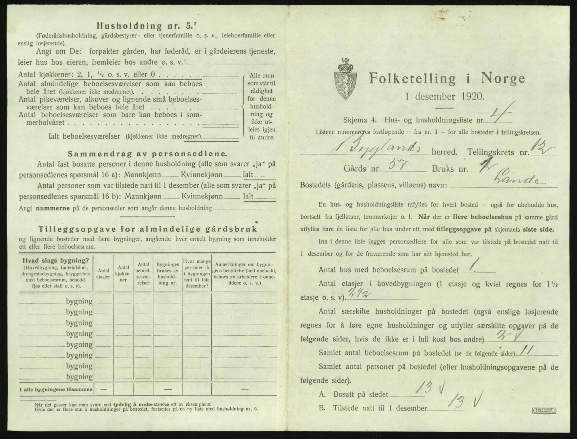 SAK, 1920 census for Bygland, 1920, p. 717