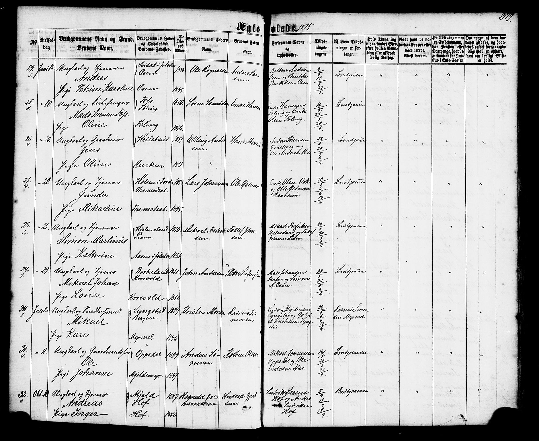 Gaular sokneprestembete, SAB/A-80001/H/Haa: Parish register (official) no. A 5, 1860-1881, p. 379