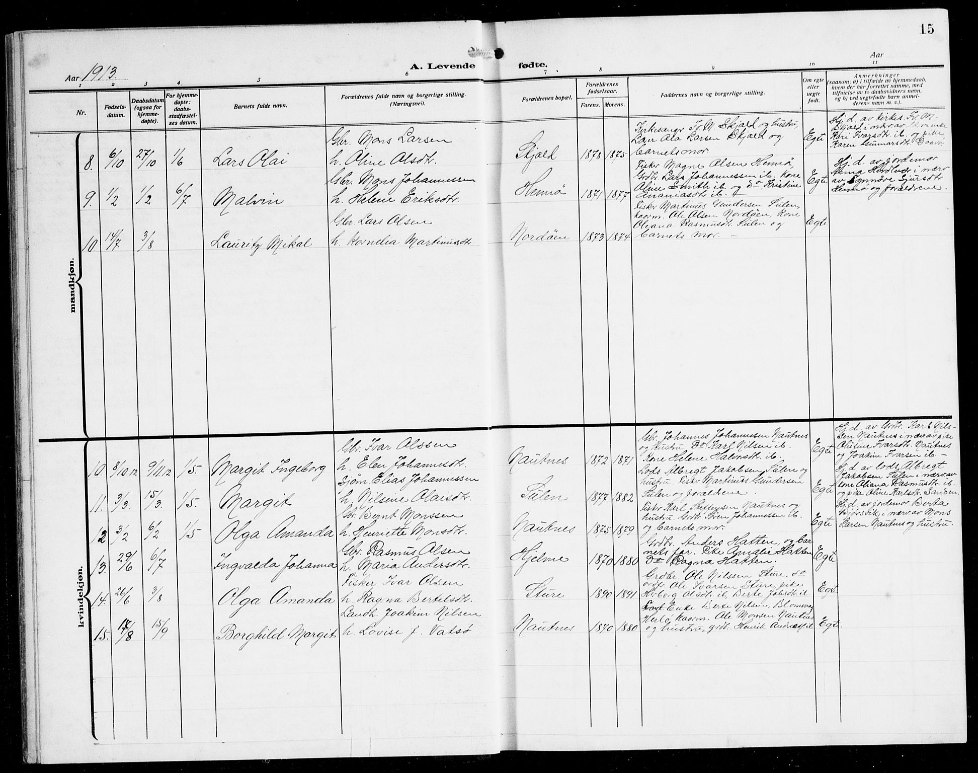 Herdla Sokneprestembete, AV/SAB-A-75701/H/Hab: Parish register (copy) no. B 1, 1909-1929, p. 15