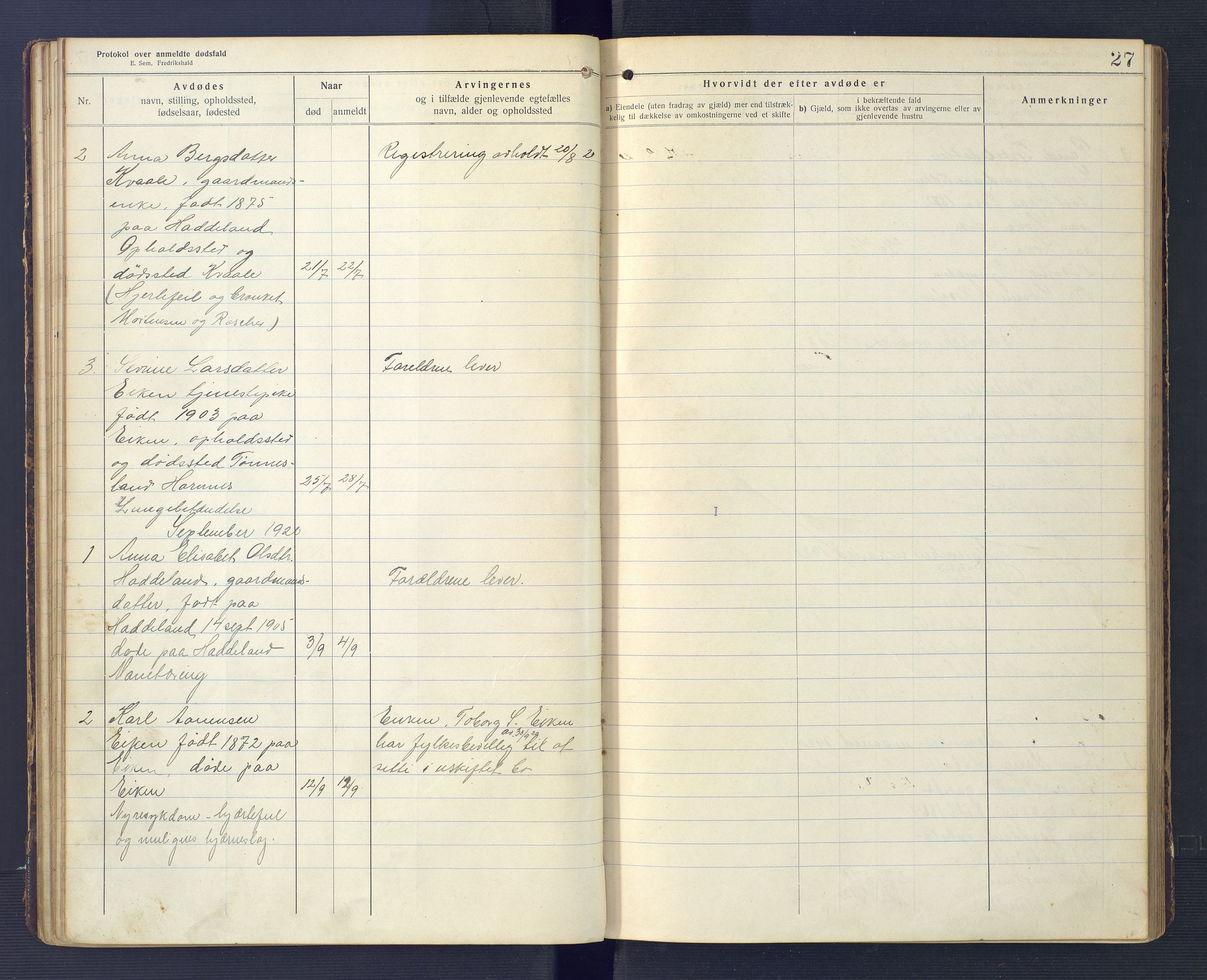 Hægebostad og Eiken lensmannskontor, AV/SAK-1241-0023/F/Fe/L0002: Dødsfallsprotokoll nr 34, 1917-1932, p. 27