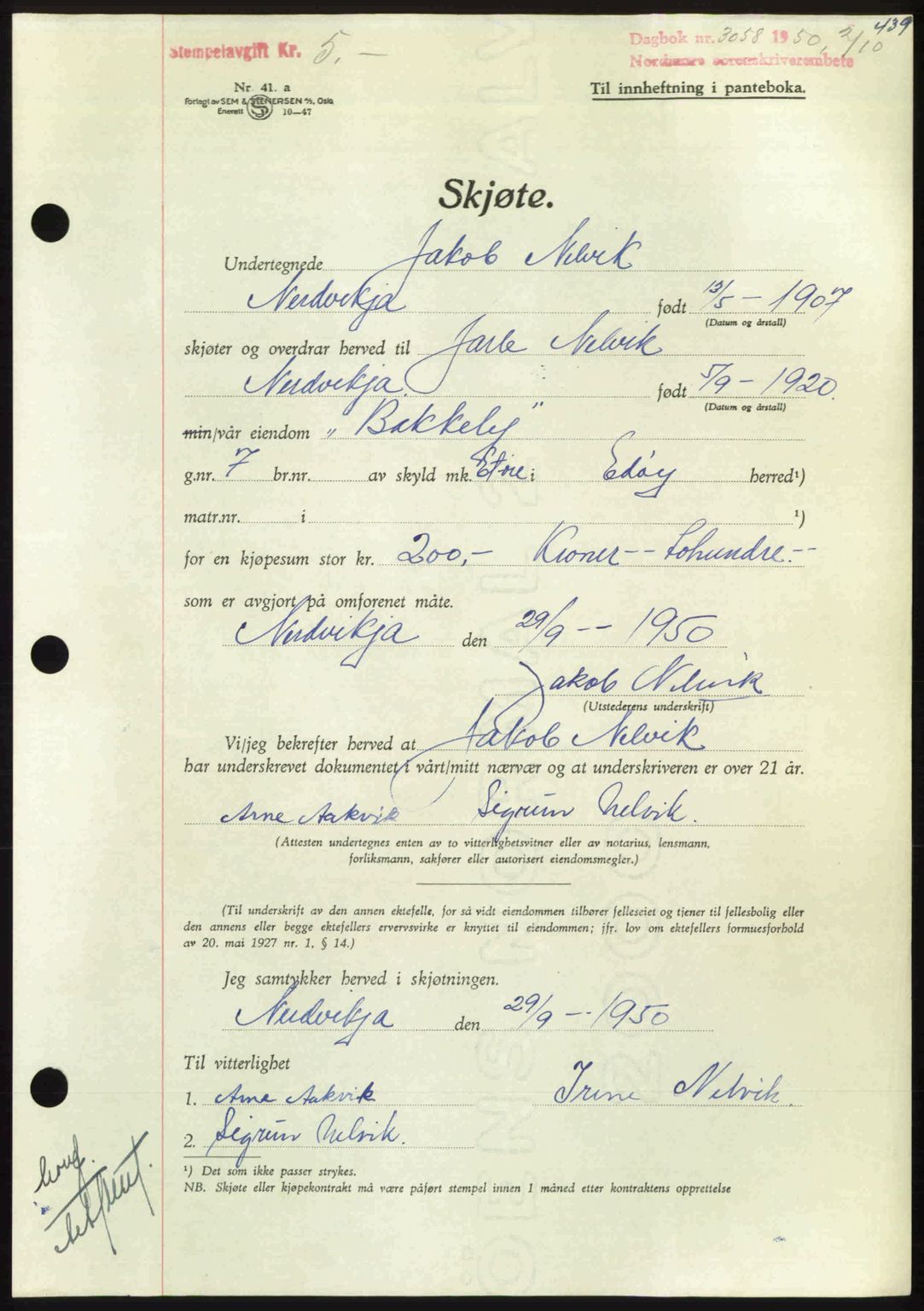 Nordmøre sorenskriveri, AV/SAT-A-4132/1/2/2Ca: Mortgage book no. A116, 1950-1950, Diary no: : 3058/1950