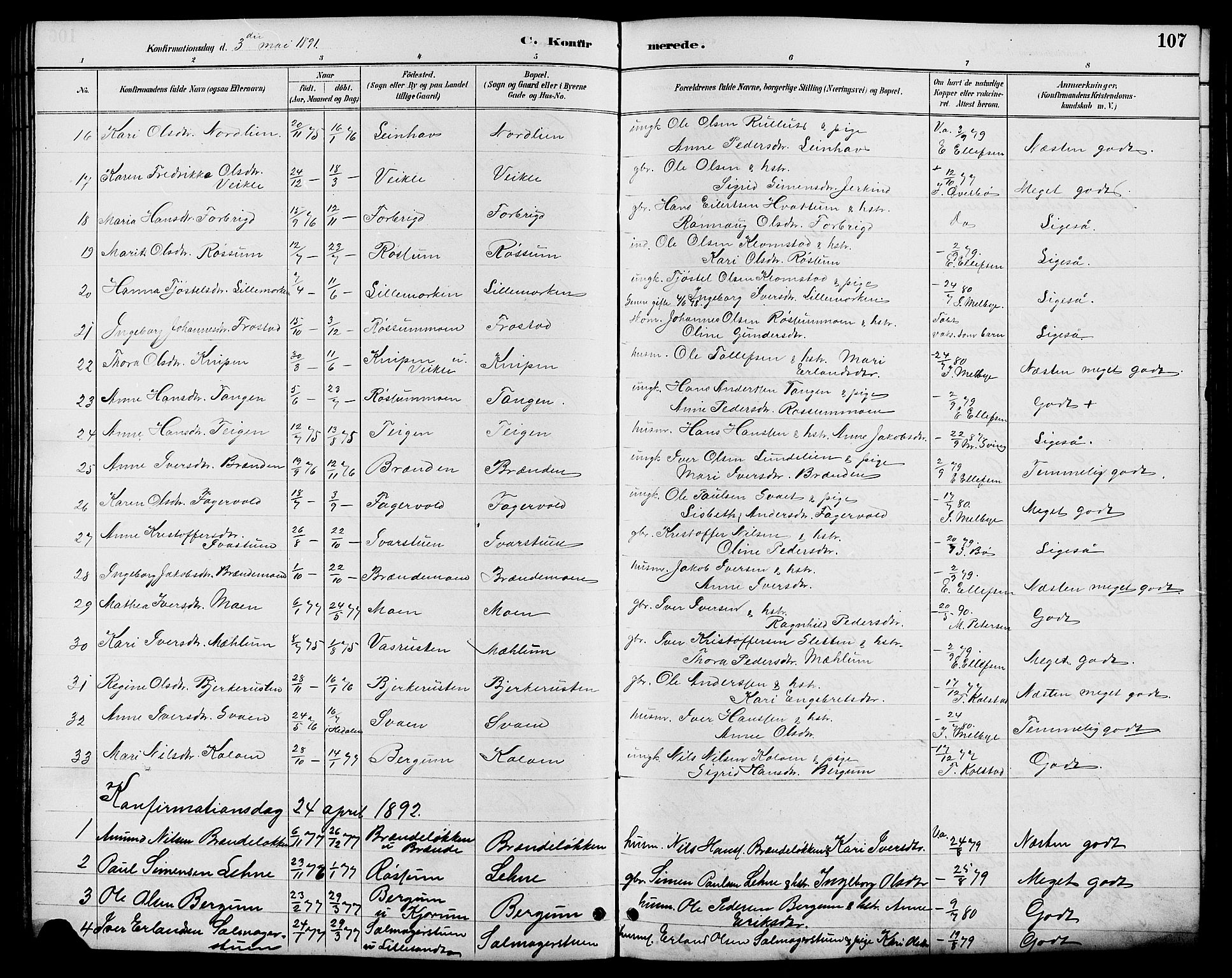 Nord-Fron prestekontor, SAH/PREST-080/H/Ha/Hab/L0006: Parish register (copy) no. 6, 1887-1914, p. 107