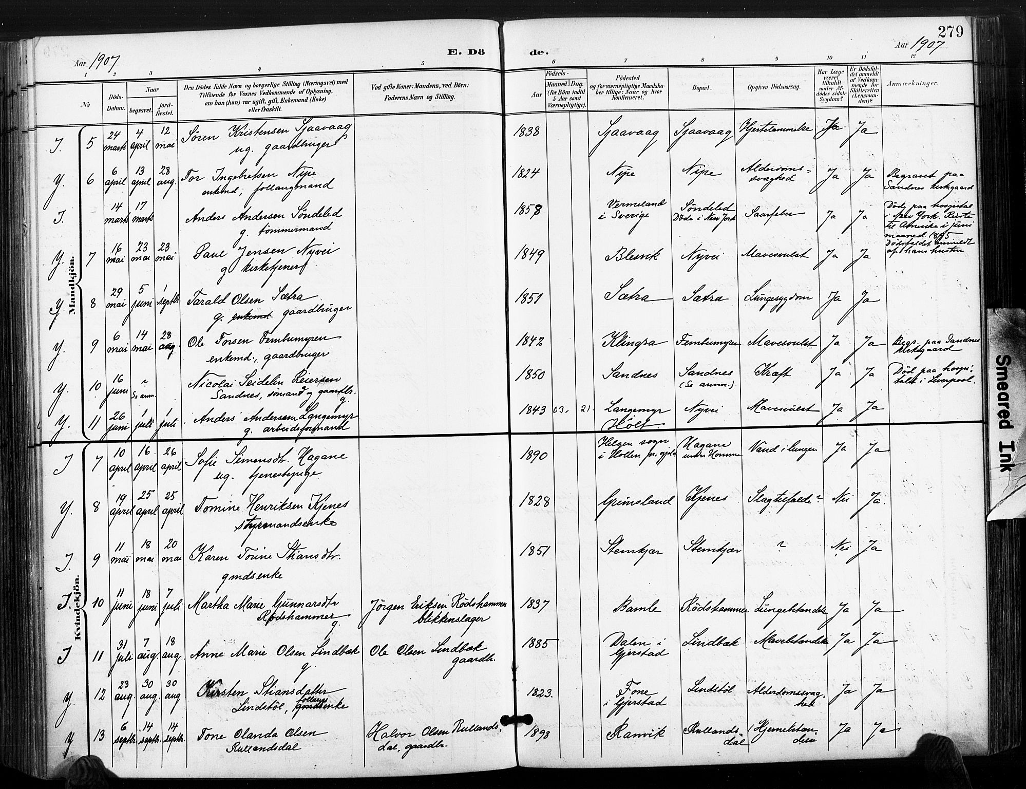 Søndeled sokneprestkontor, AV/SAK-1111-0038/F/Fa/L0006: Parish register (official) no. A 6, 1900-1922, p. 279