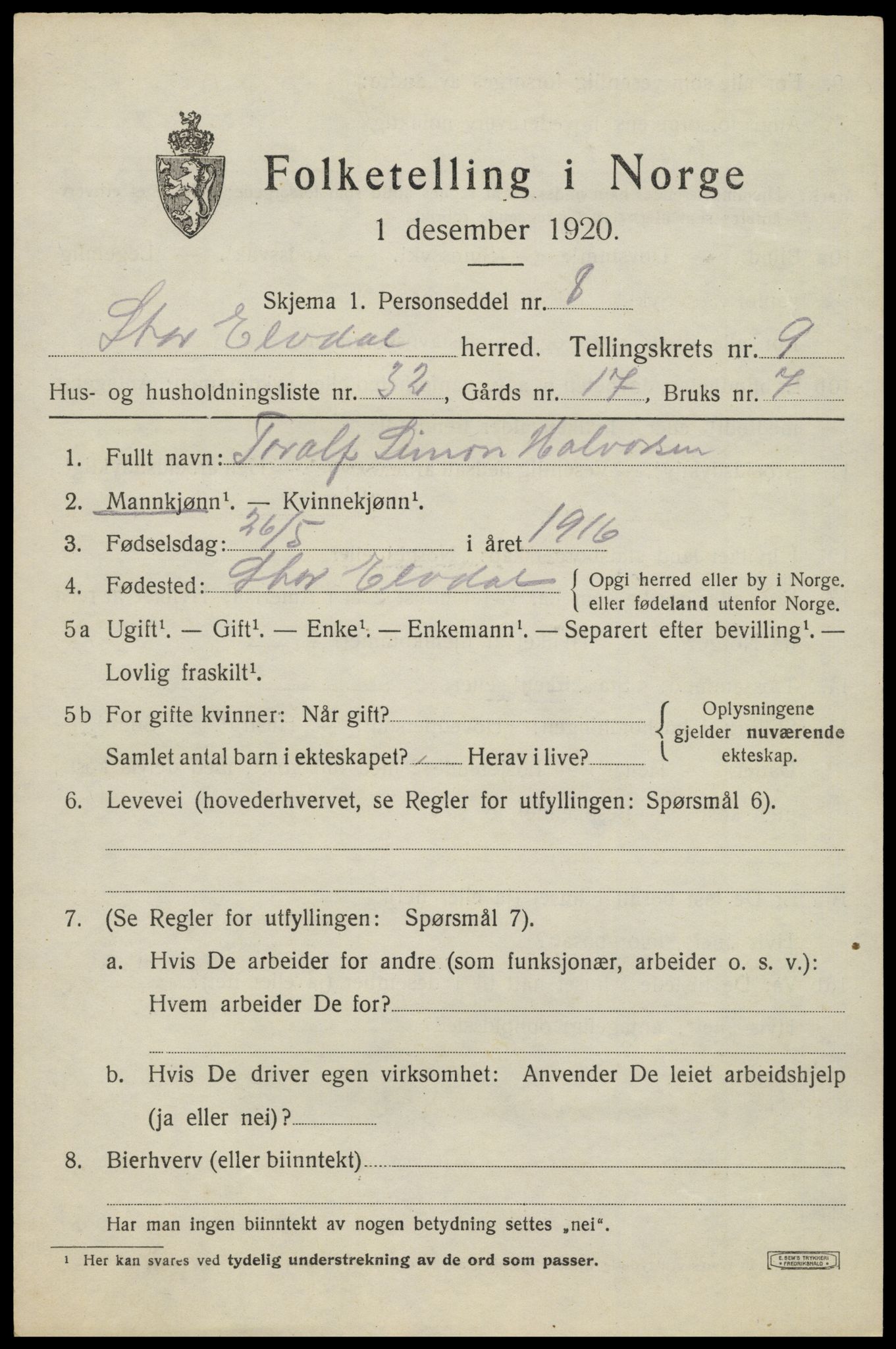 SAH, 1920 census for Stor-Elvdal, 1920, p. 8858