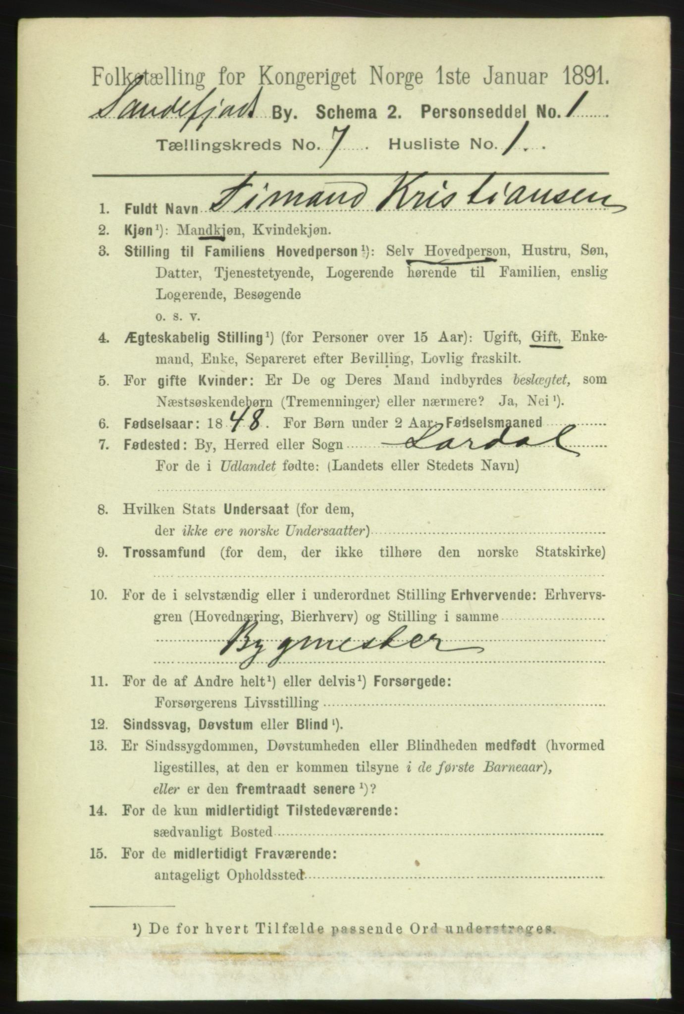 RA, 1891 census for 0706 Sandefjord, 1891, p. 2884