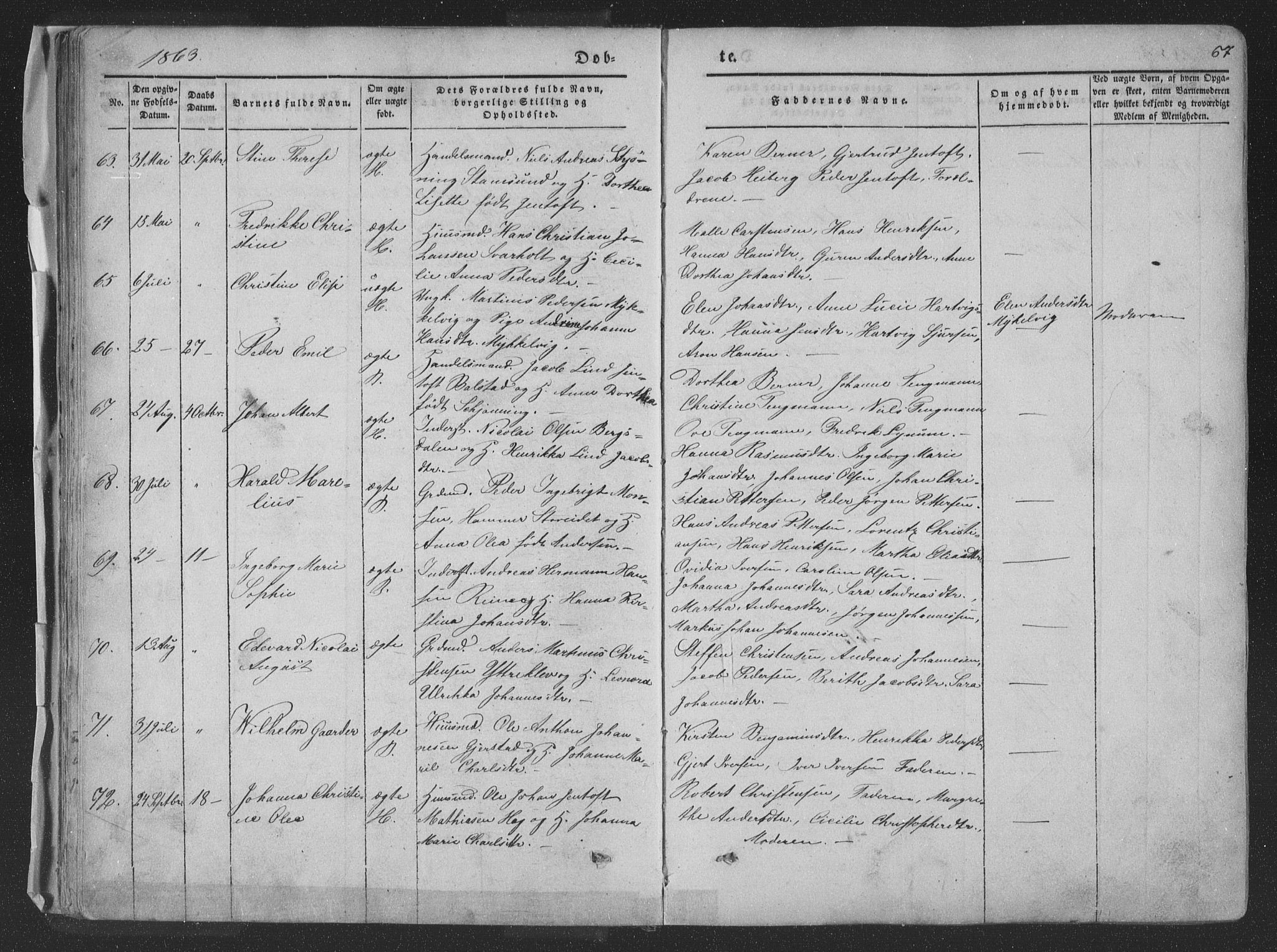 Ministerialprotokoller, klokkerbøker og fødselsregistre - Nordland, AV/SAT-A-1459/881/L1165: Parish register (copy) no. 881C02, 1854-1876, p. 67
