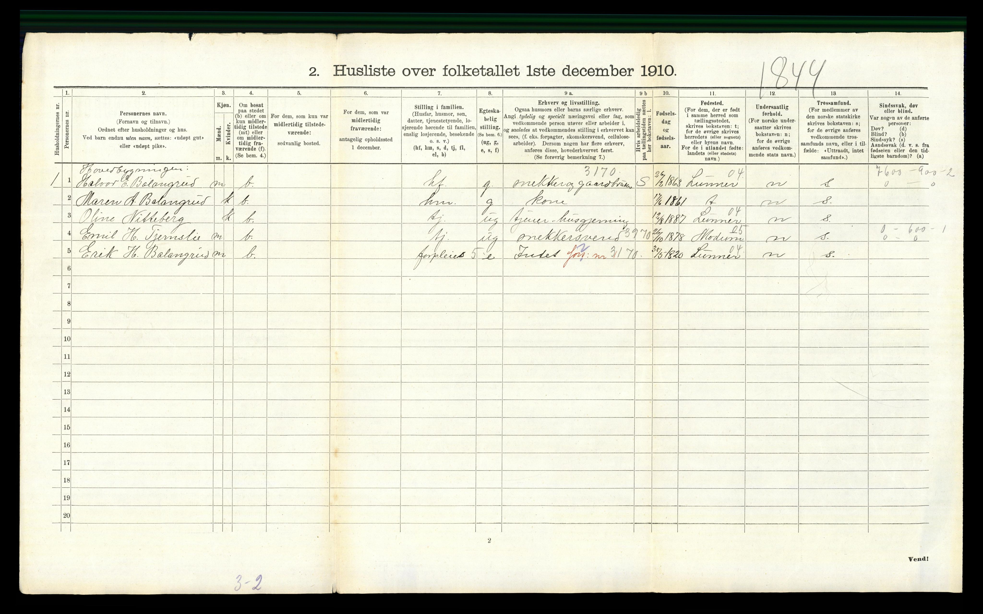 RA, 1910 census for Jevnaker, 1910, p. 816