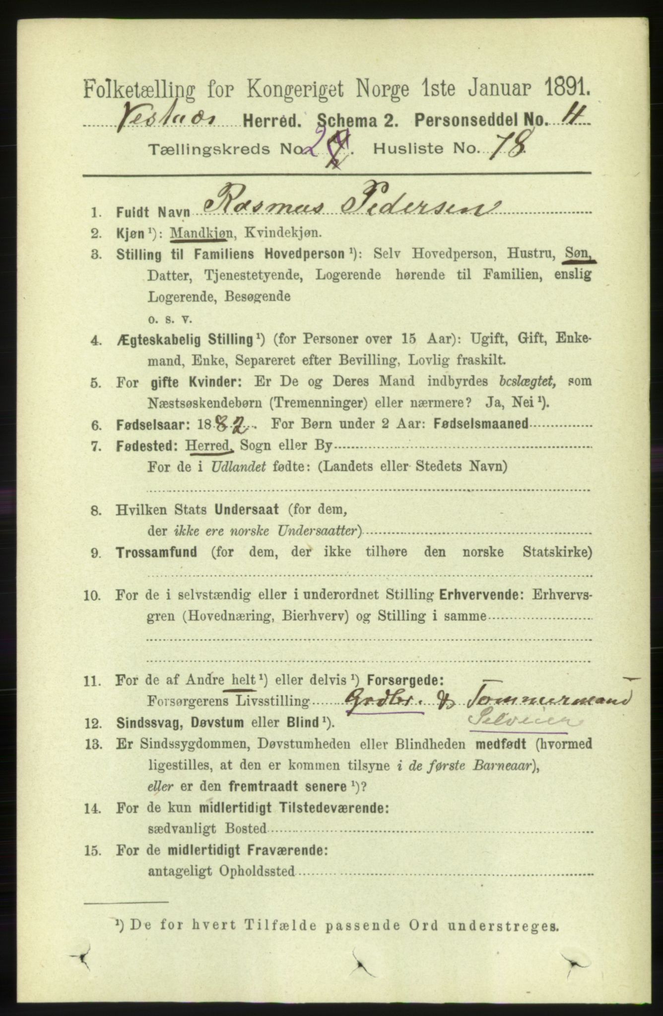 RA, 1891 census for 1535 Vestnes, 1891, p. 598