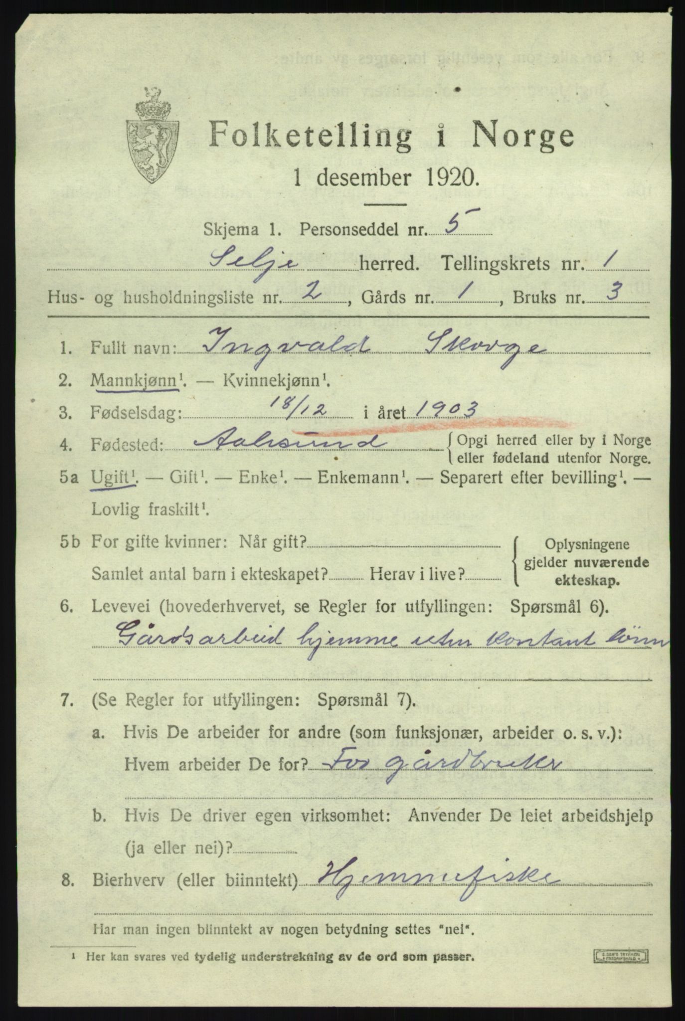 SAB, 1920 census for Selje, 1920, p. 1225