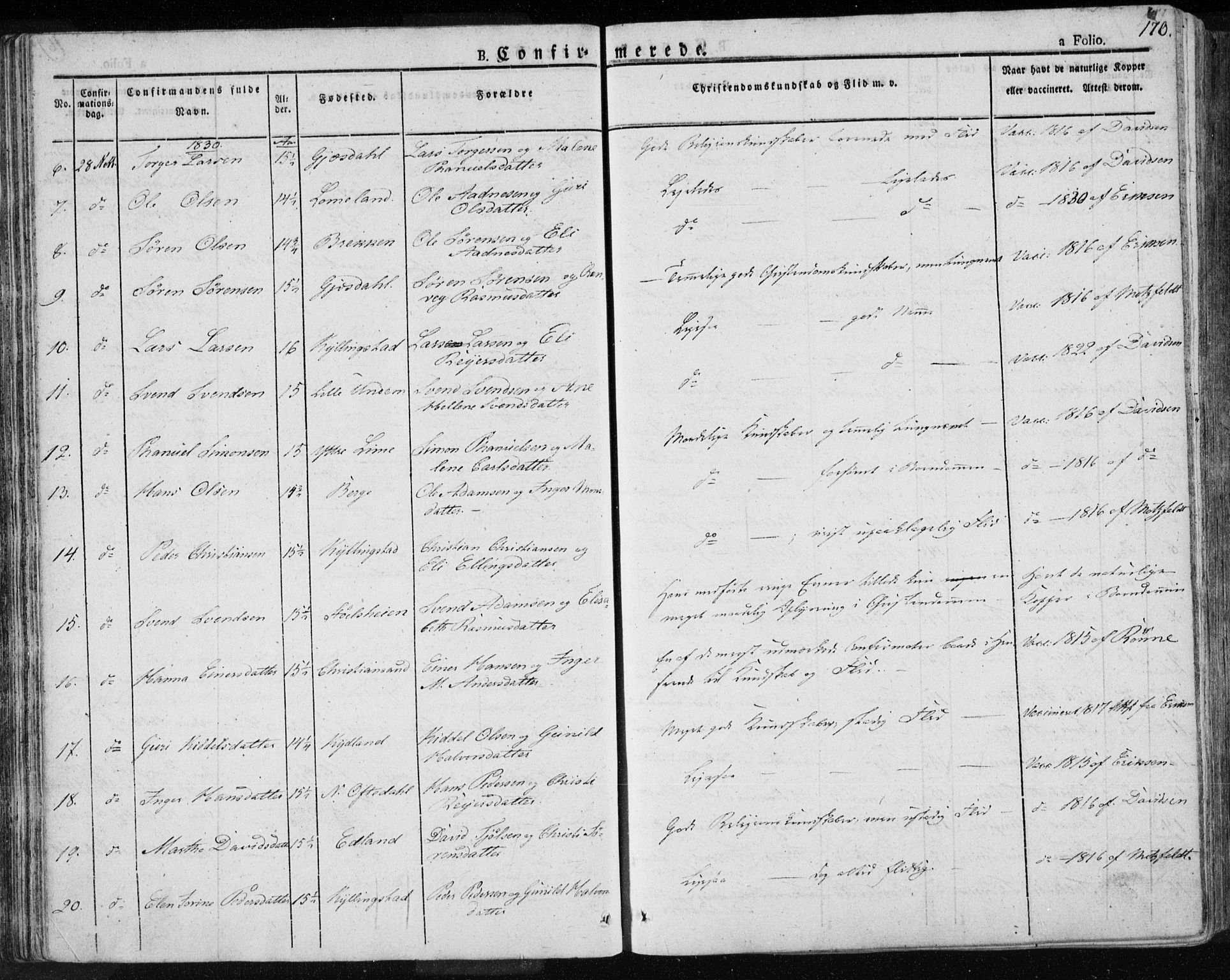 Lye sokneprestkontor, AV/SAST-A-101794/001/30BA/L0004: Parish register (official) no. A 4, 1826-1841, p. 170