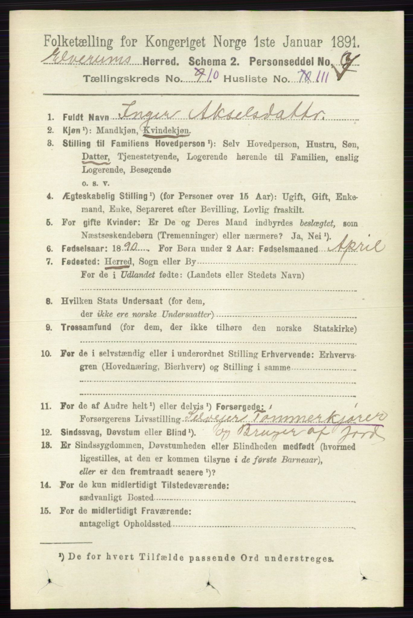 RA, 1891 census for 0427 Elverum, 1891, p. 8920