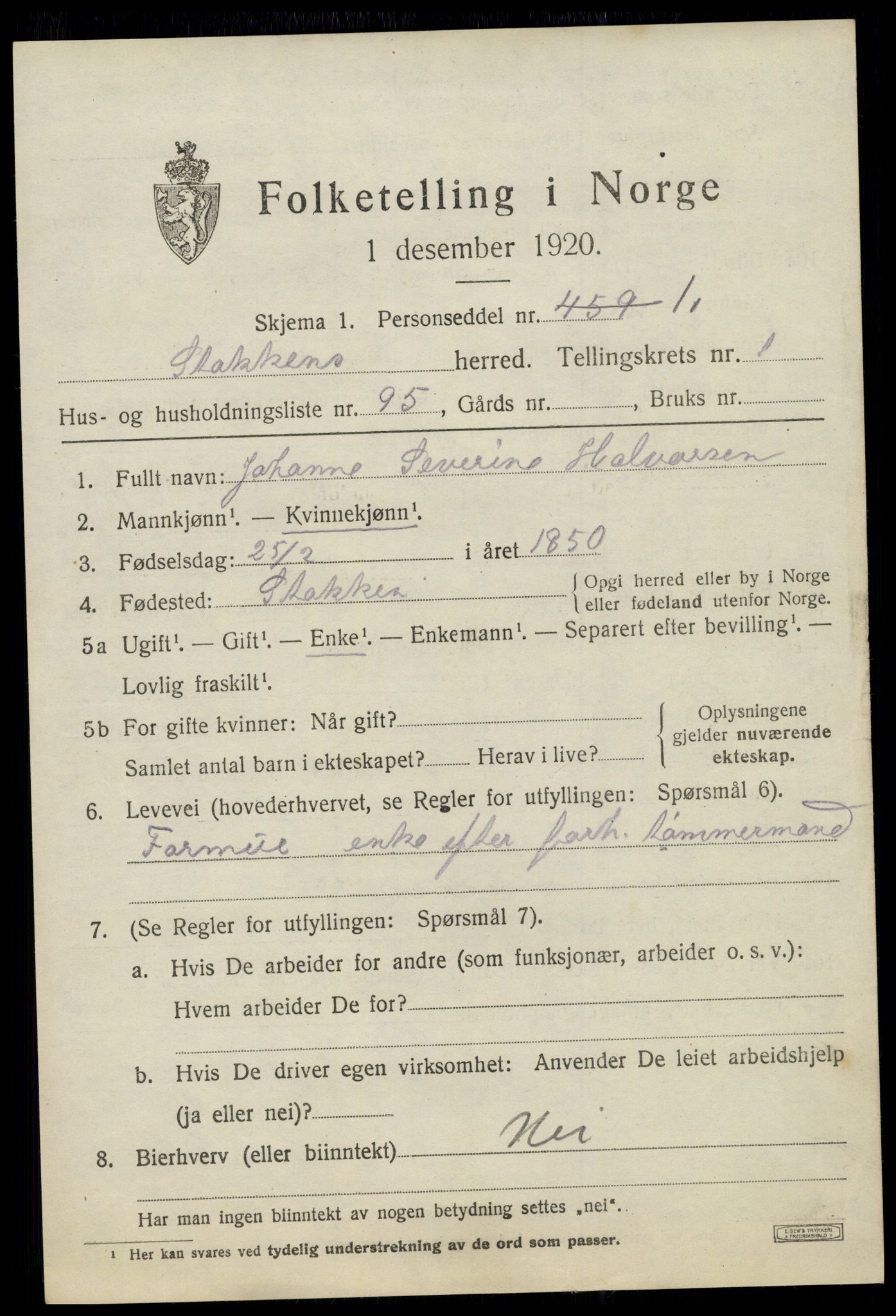 SAK, 1920 census for Stokken, 1920, p. 1486