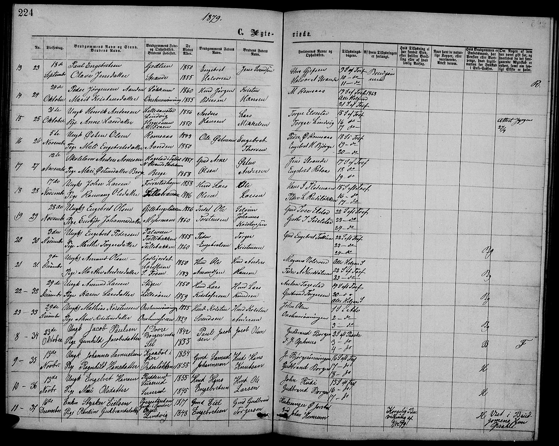 Ringebu prestekontor, AV/SAH-PREST-082/H/Ha/Hab/L0004: Parish register (copy) no. 4, 1867-1879, p. 224