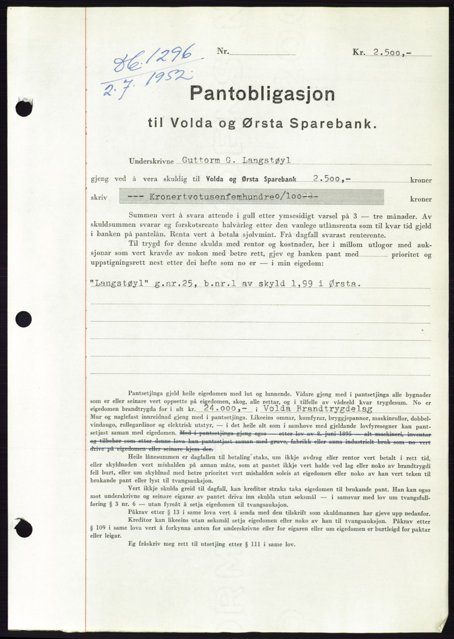 Søre Sunnmøre sorenskriveri, AV/SAT-A-4122/1/2/2C/L0121: Mortgage book no. 9B, 1951-1952, Diary no: : 1296/1952