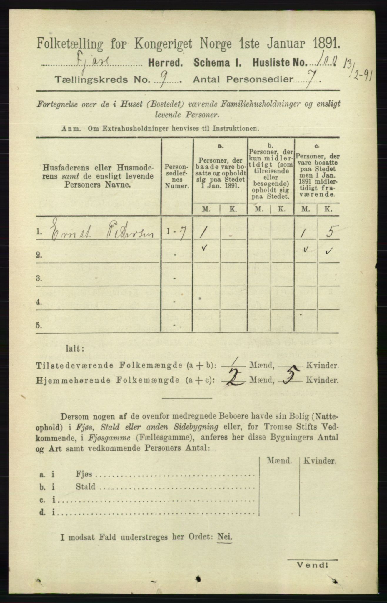 RA, 1891 census for 0923 Fjære, 1891, p. 4197