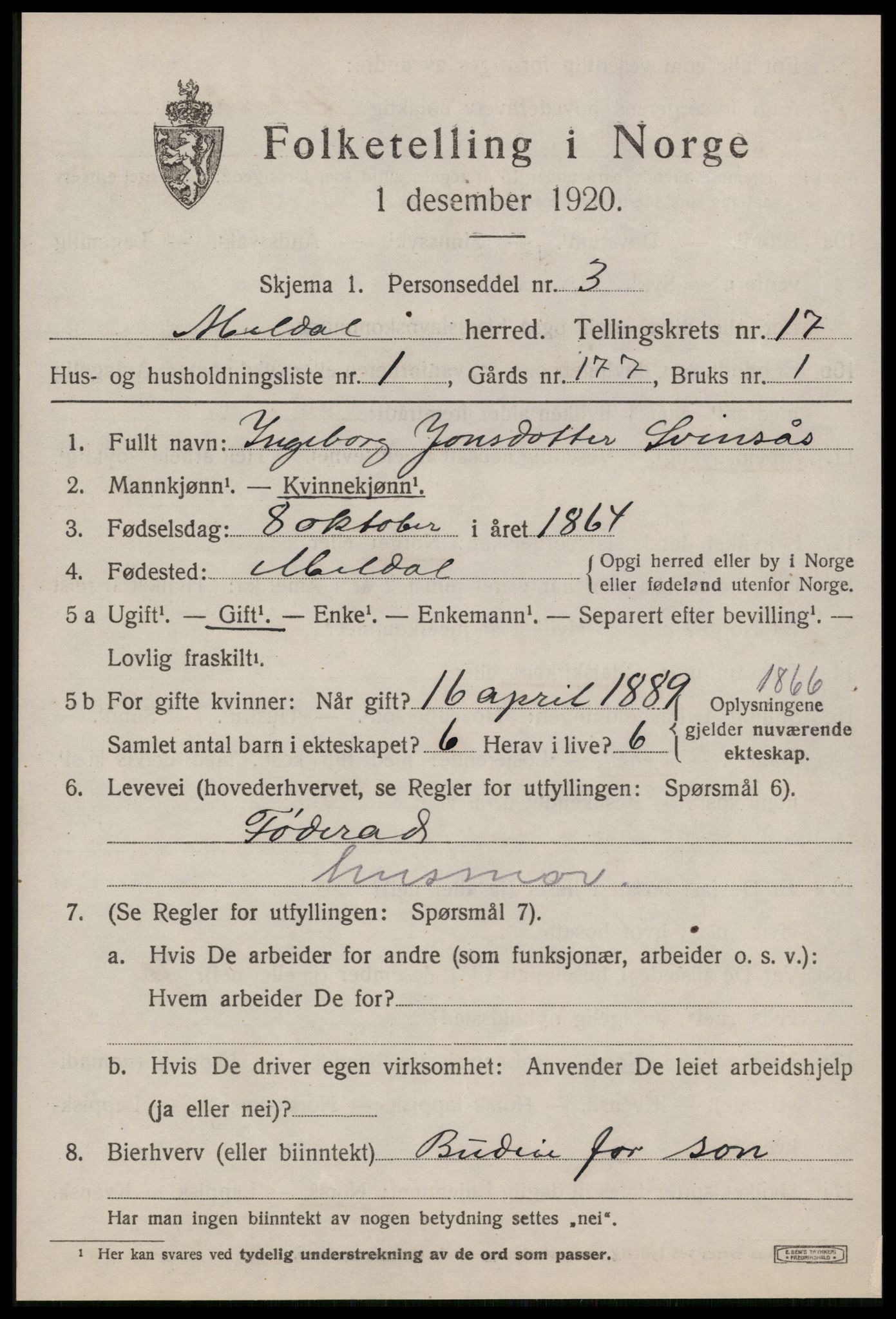 SAT, 1920 census for Meldal, 1920, p. 11127