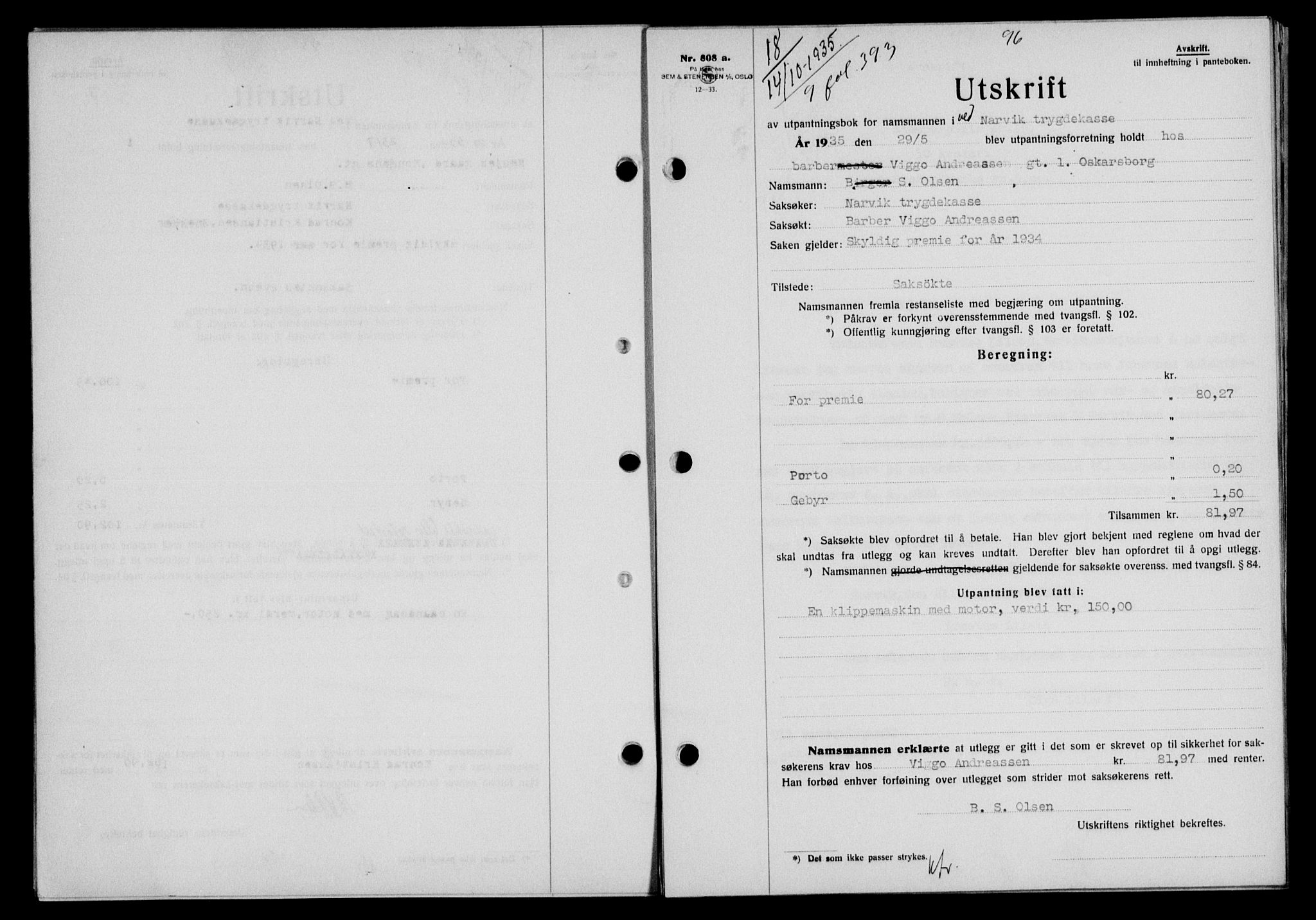 Narvik sorenskriveri, SAT/A-0002/1/2/2C/2Ca/L0011: Mortgage book no. 14, 1935-1937, Deed date: 14.10.1935