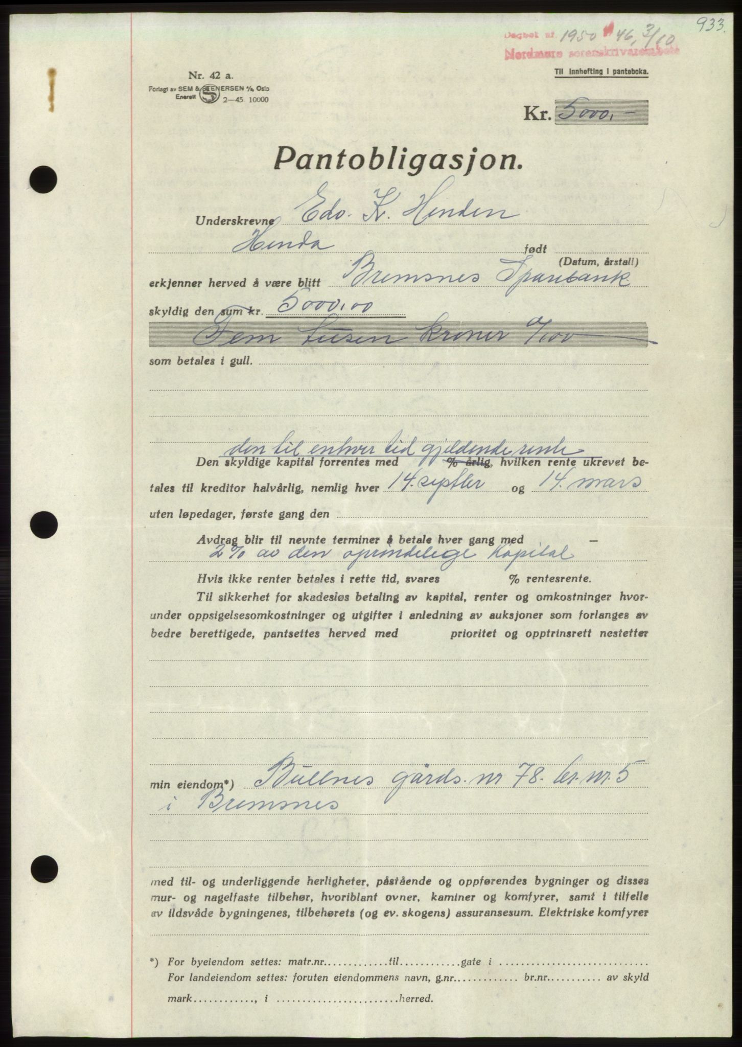 Nordmøre sorenskriveri, AV/SAT-A-4132/1/2/2Ca: Mortgage book no. B94, 1946-1946, Diary no: : 1950/1946