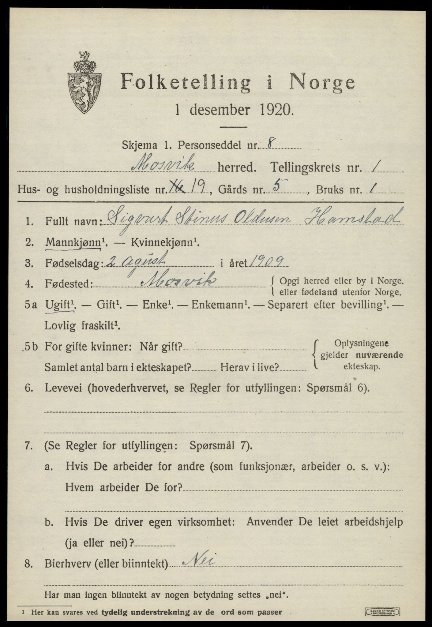 SAT, 1920 census for Mosvik, 1920, p. 554