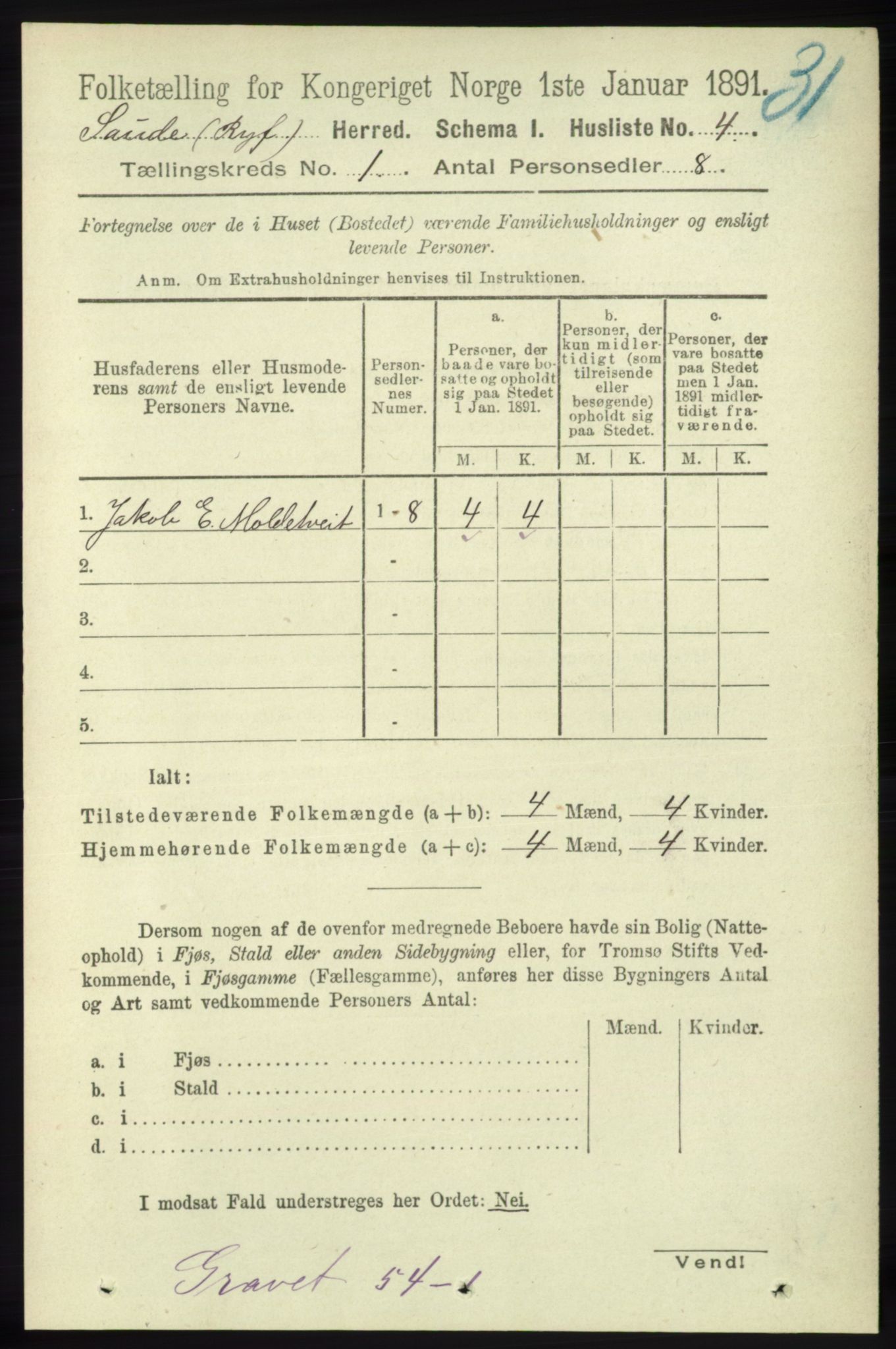 RA, 1891 census for 1135 Sauda, 1891, p. 21