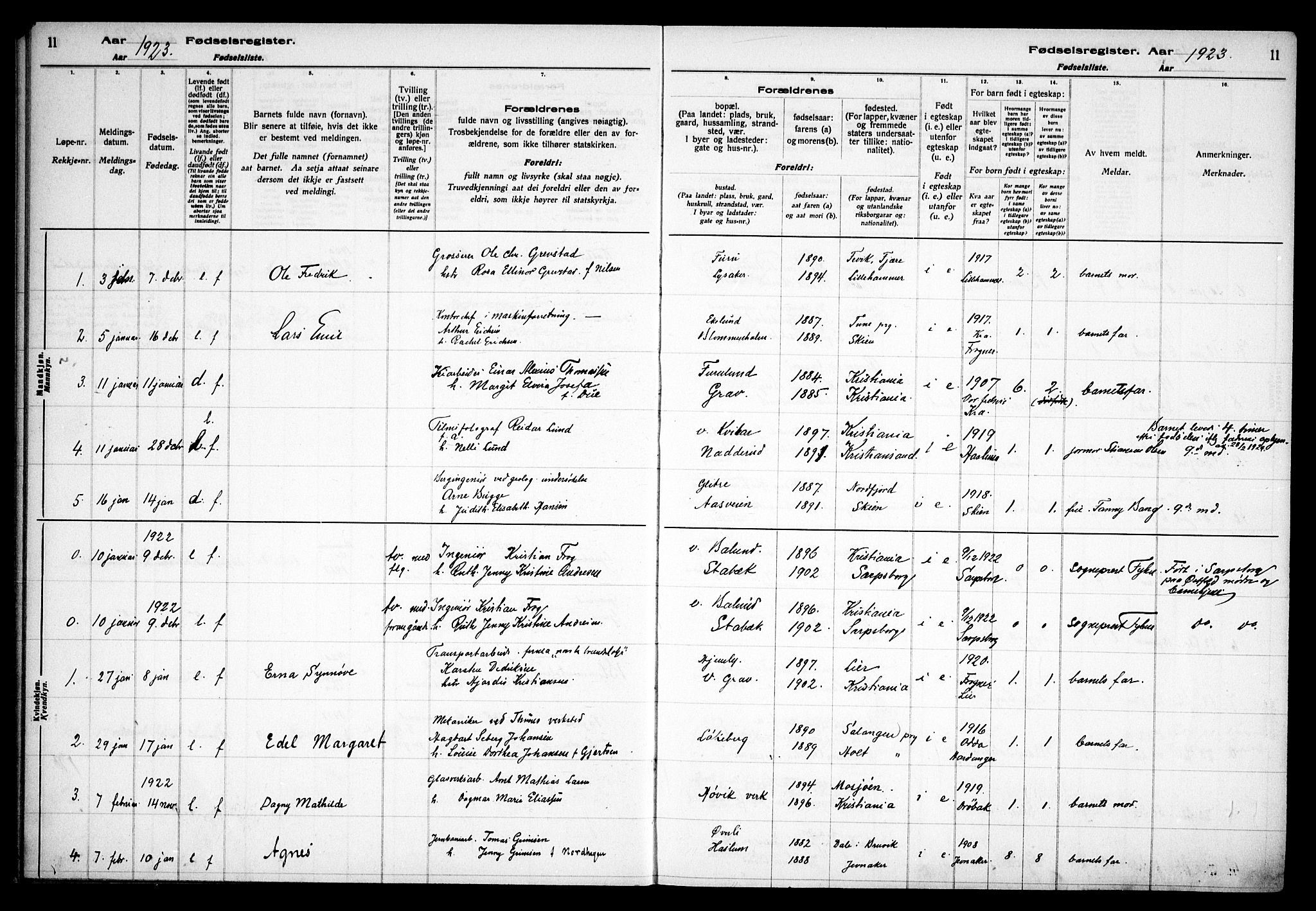 Østre Bærum prestekontor Kirkebøker, AV/SAO-A-10887/J/Ja/L0002: Birth register no. 2, 1922-1928, p. 11