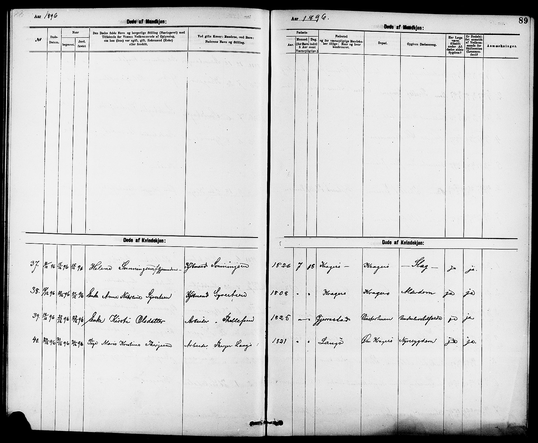 Kragerø kirkebøker, SAKO/A-278/G/Ga/L0008: Parish register (copy) no. 8, 1881-1914, p. 89