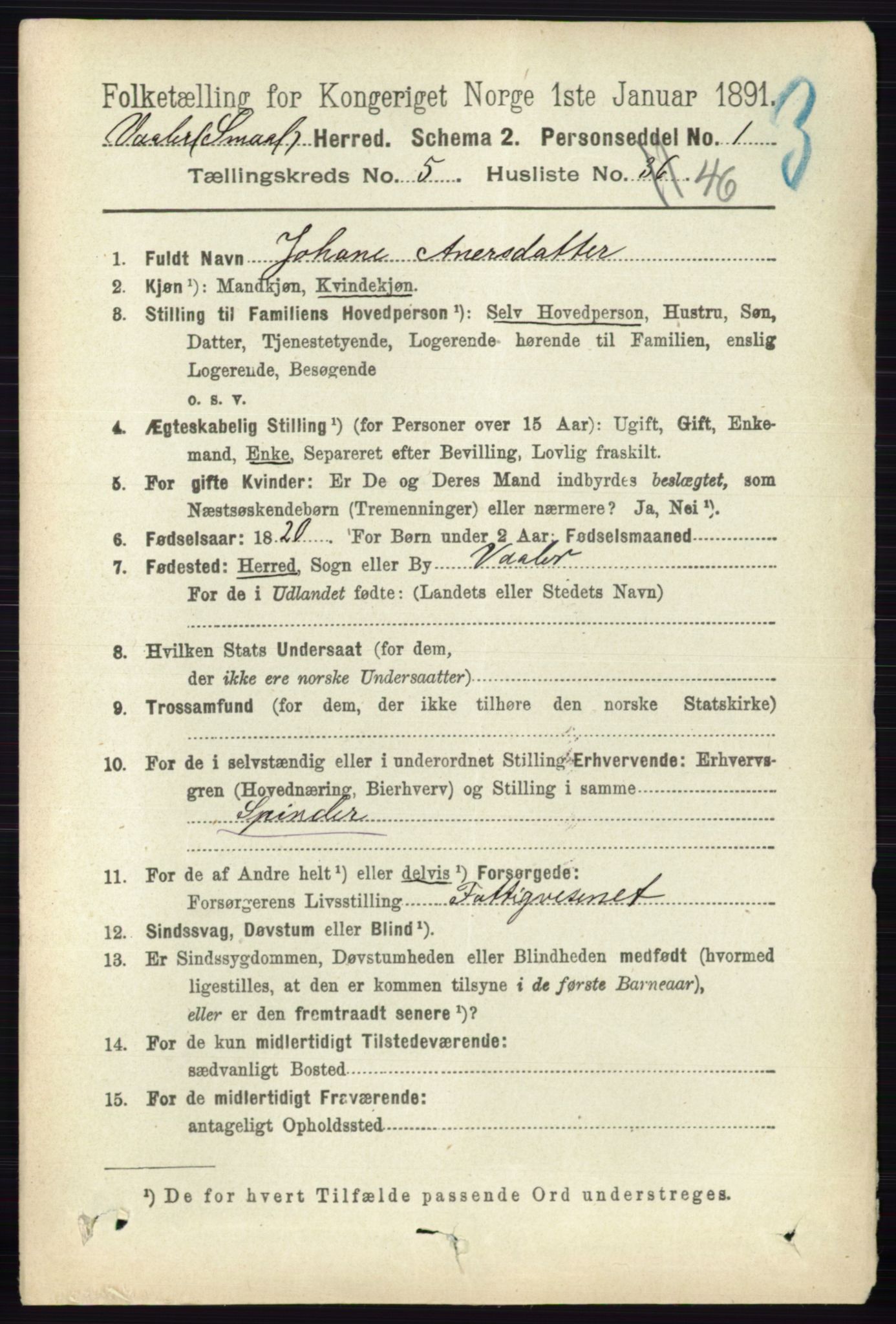 RA, 1891 census for 0137 Våler, 1891, p. 2253