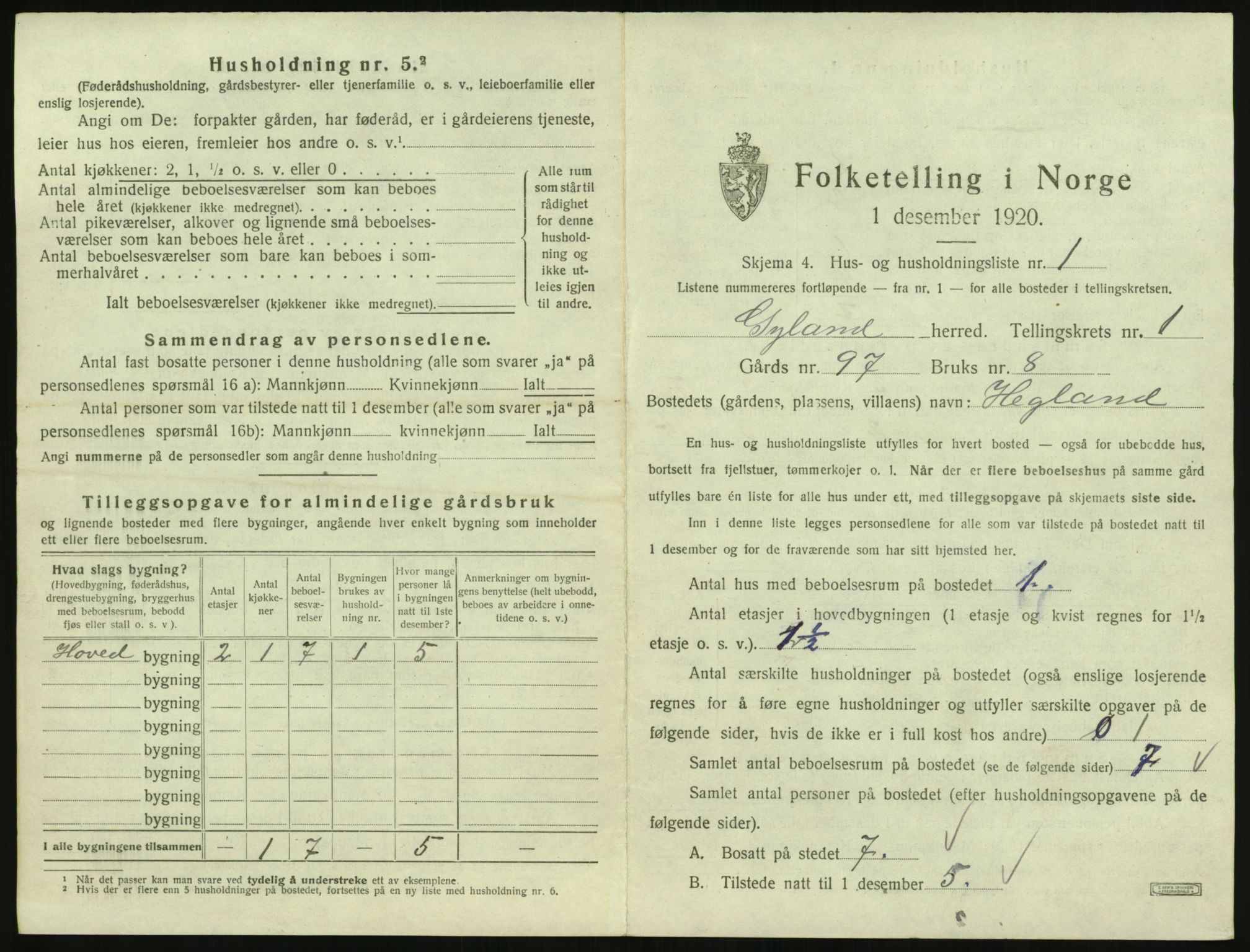 SAK, 1920 census for Gyland, 1920, p. 52