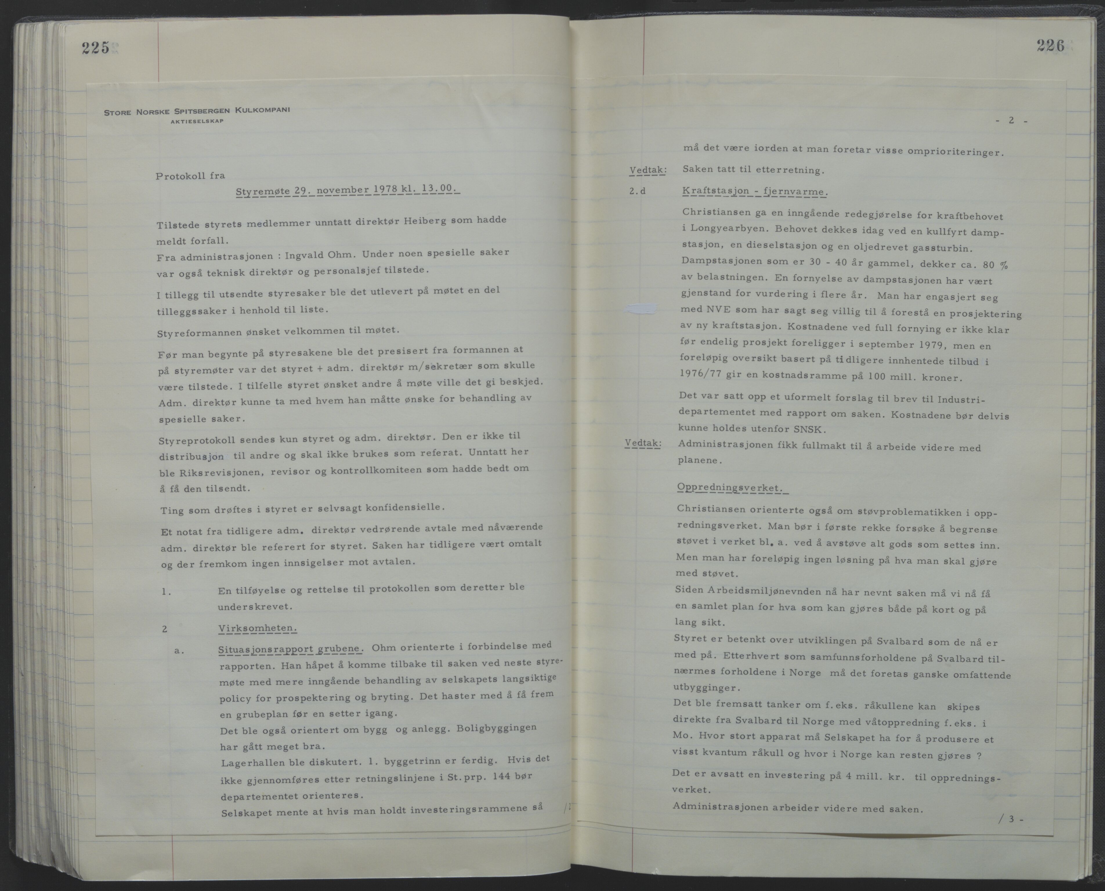 Store Norske Spitsbergen Kulkompani A/S, AV/SATØ-P-0073/09/A/Ab/Aba/L0001: Styreprotokoll 6, 1970-1979, p. 225-226