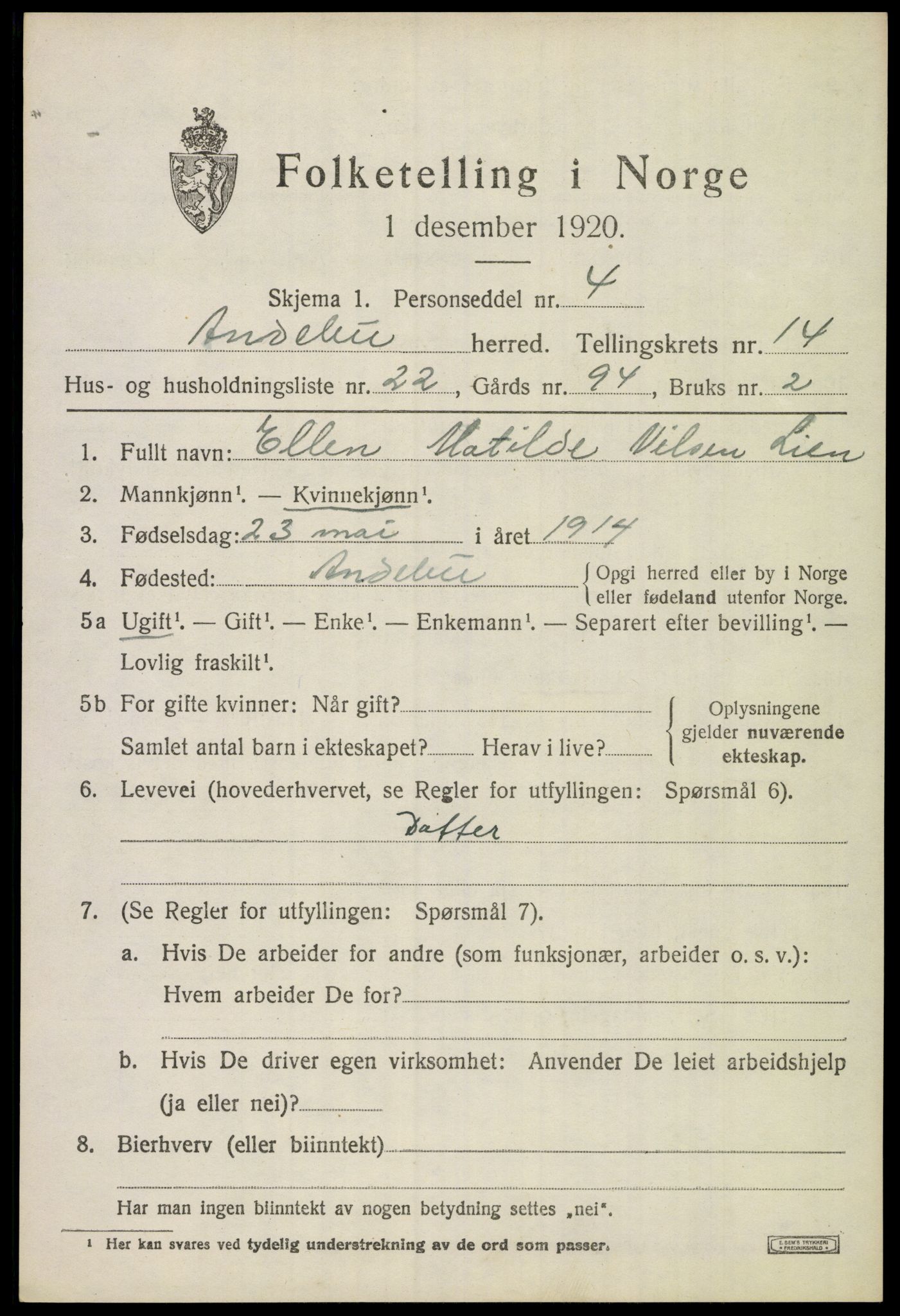 SAKO, 1920 census for Andebu, 1920, p. 5316