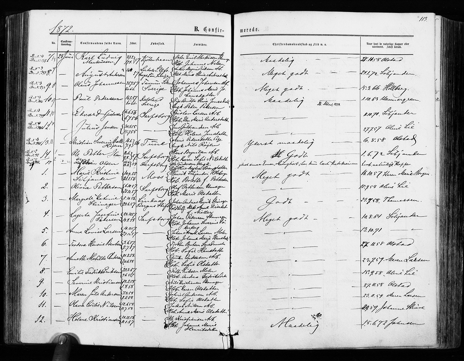 Sarpsborg prestekontor Kirkebøker, AV/SAO-A-2006/F/Fa/L0002: Parish register (official) no. 2, 1869-1877, p. 113