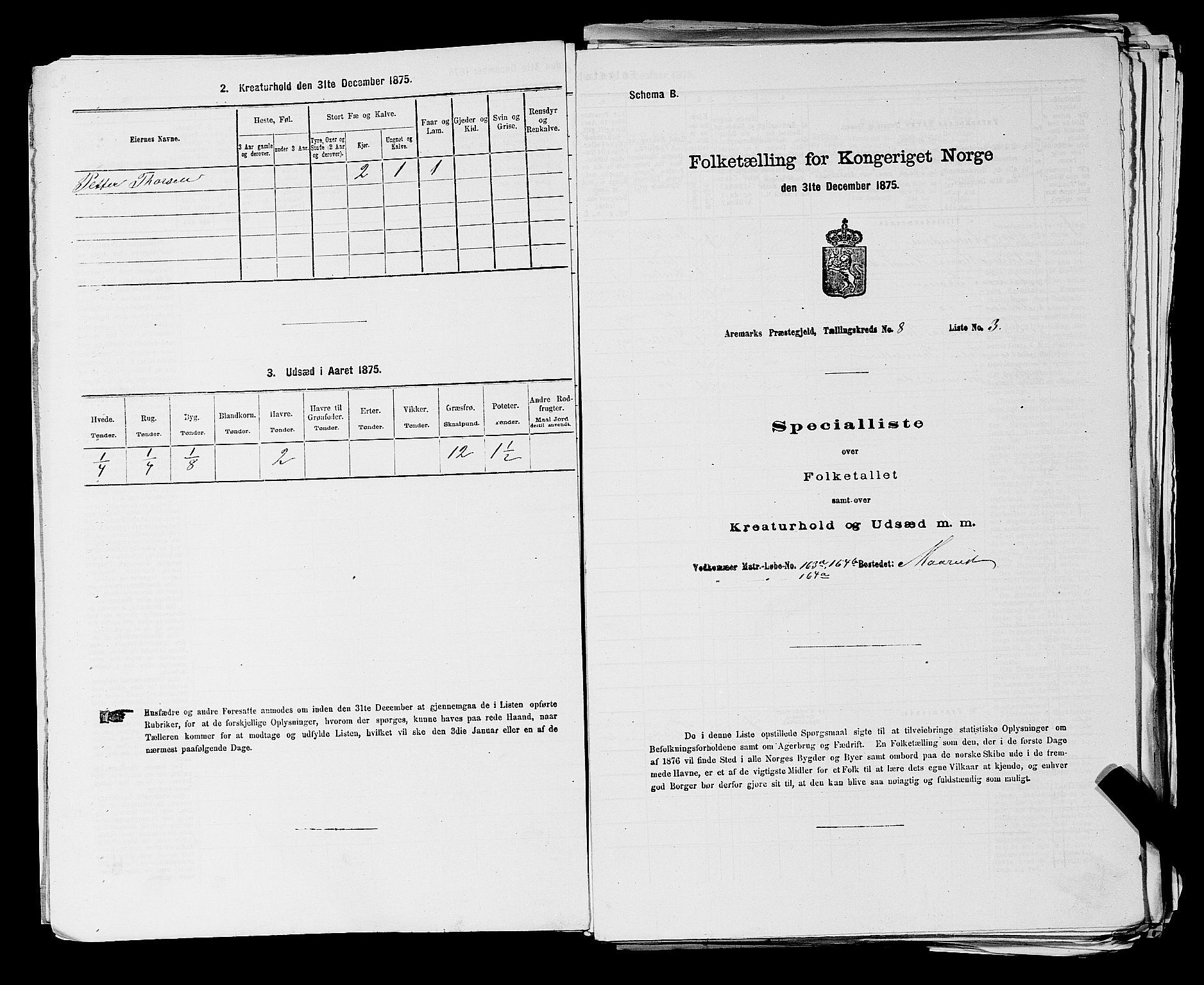 RA, 1875 census for 0118P Aremark, 1875, p. 1164