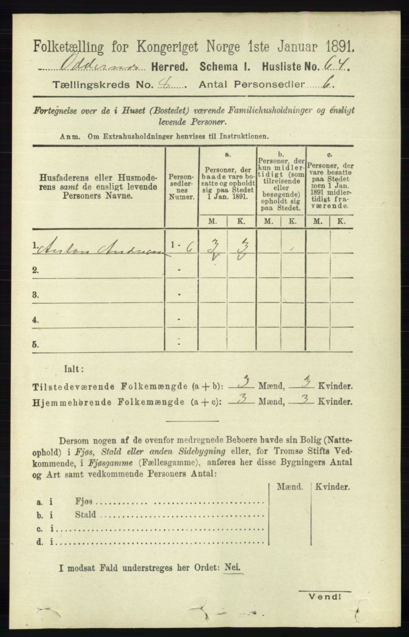 RA, 1891 census for 1012 Oddernes, 1891, p. 2696