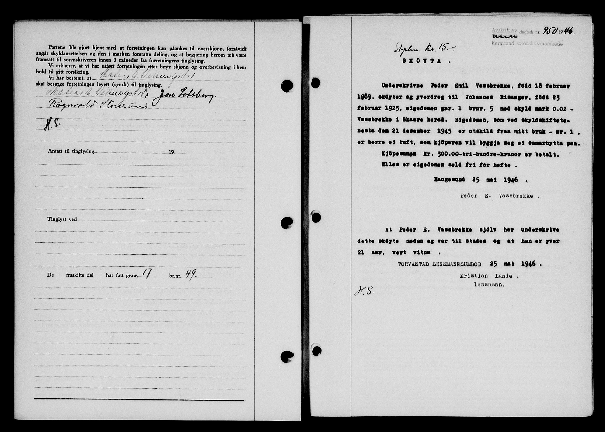 Karmsund sorenskriveri, AV/SAST-A-100311/01/II/IIB/L0085: Mortgage book no. 66A, 1946-1946, Diary no: : 950/1946