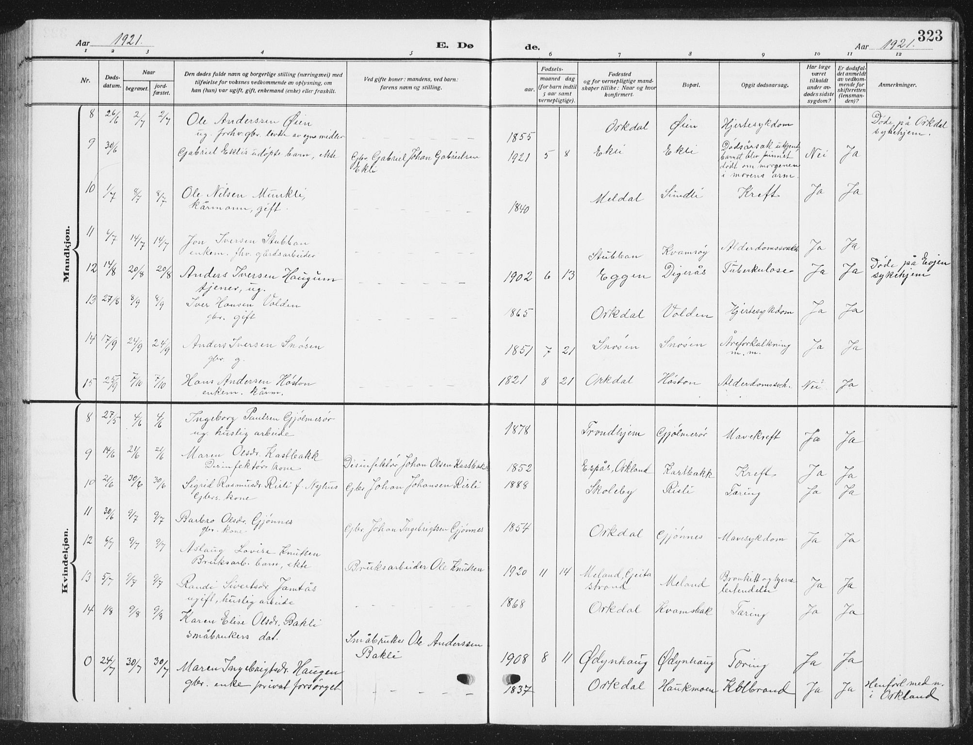 Ministerialprotokoller, klokkerbøker og fødselsregistre - Sør-Trøndelag, SAT/A-1456/668/L0820: Parish register (copy) no. 668C09, 1912-1936, p. 323