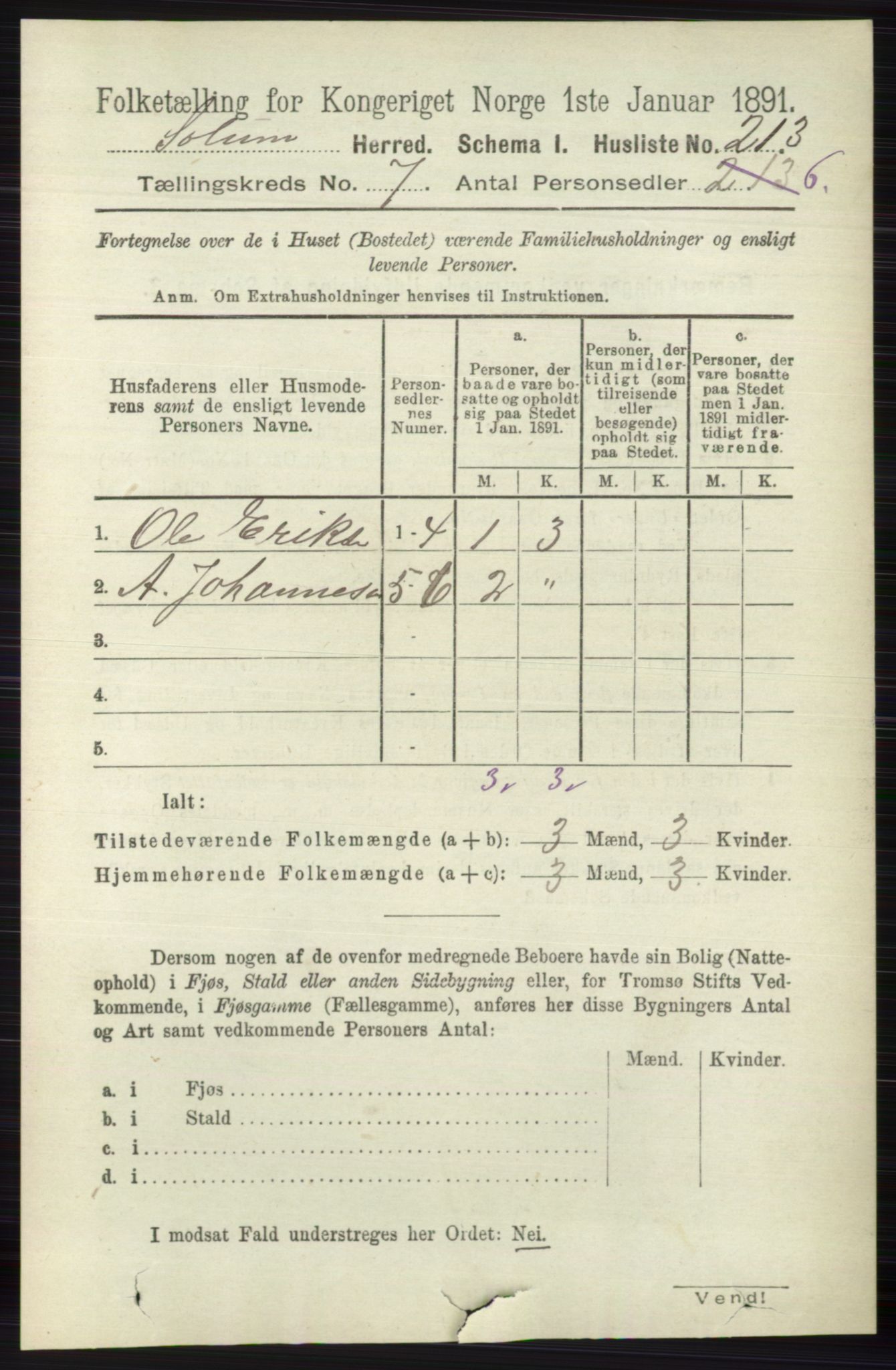 RA, 1891 census for 0818 Solum, 1891, p. 2702