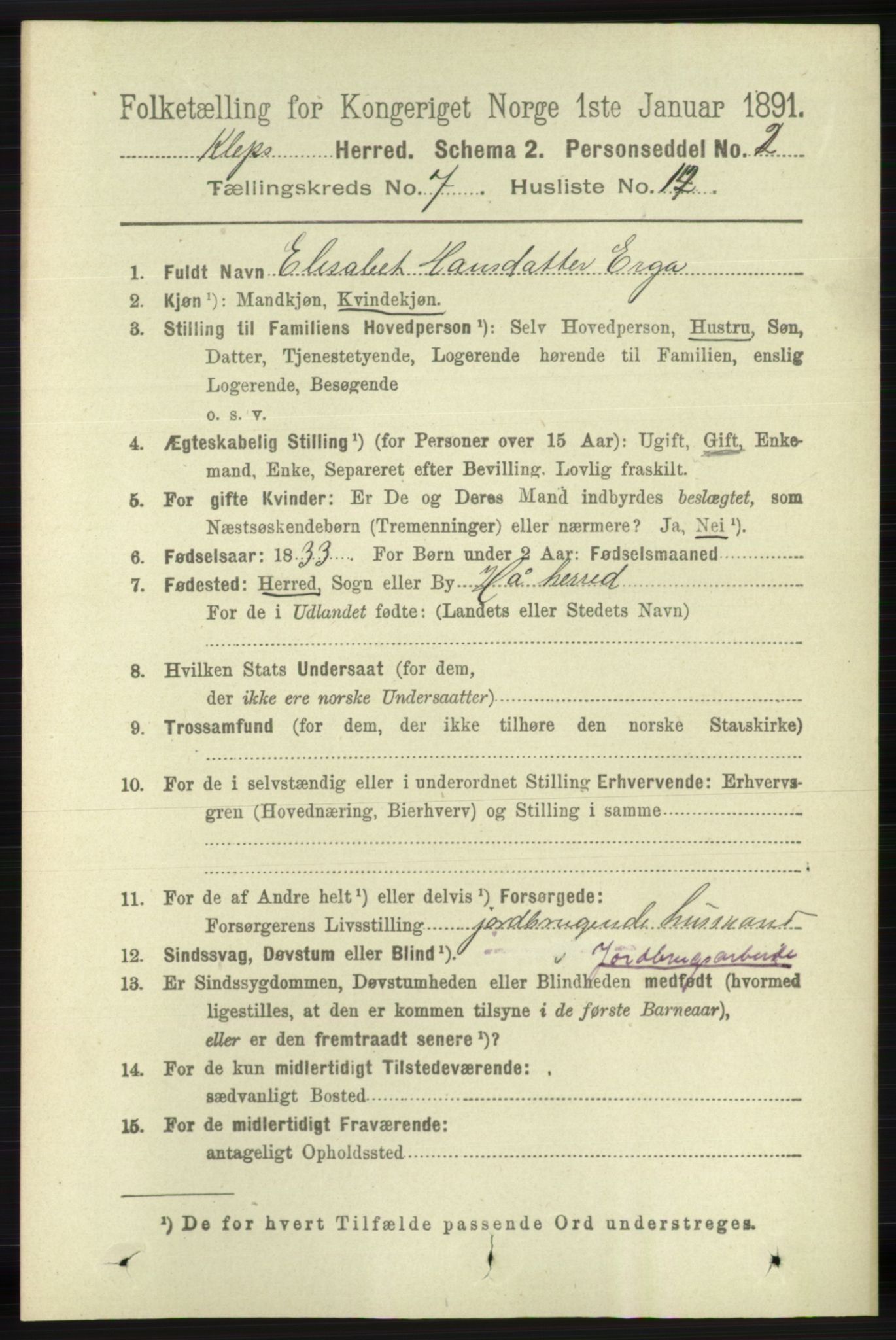 RA, 1891 census for 1120 Klepp, 1891, p. 2198