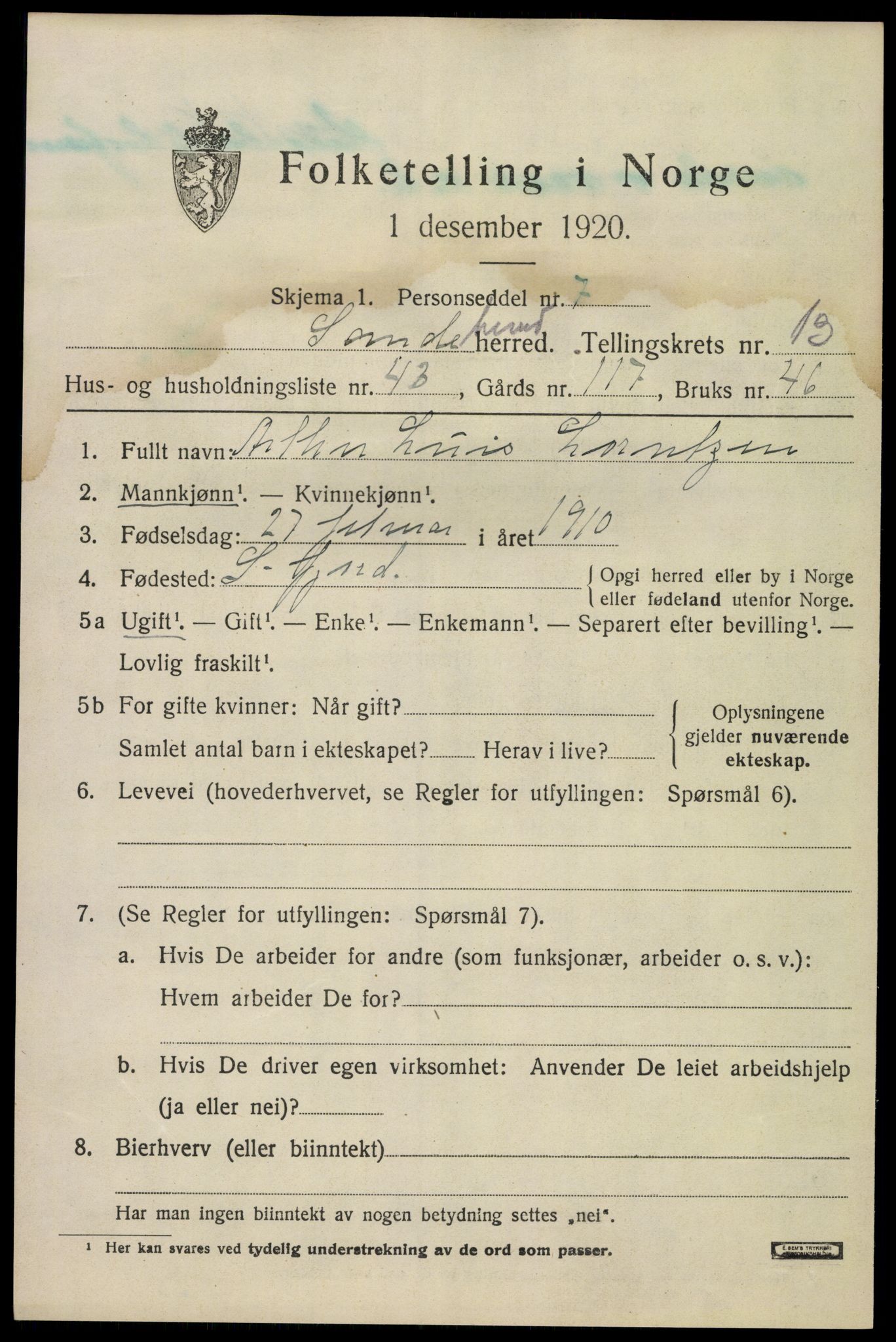 SAKO, 1920 census for Sandeherred, 1920, p. 19820