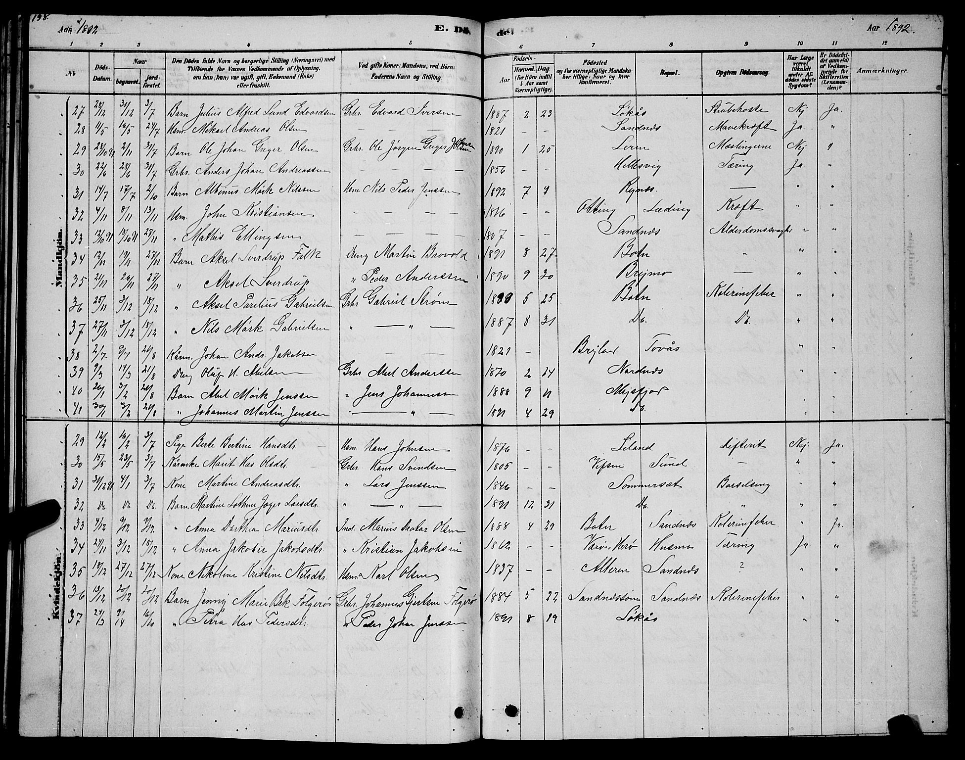 Ministerialprotokoller, klokkerbøker og fødselsregistre - Nordland, AV/SAT-A-1459/831/L0477: Parish register (copy) no. 831C04, 1878-1897, p. 198