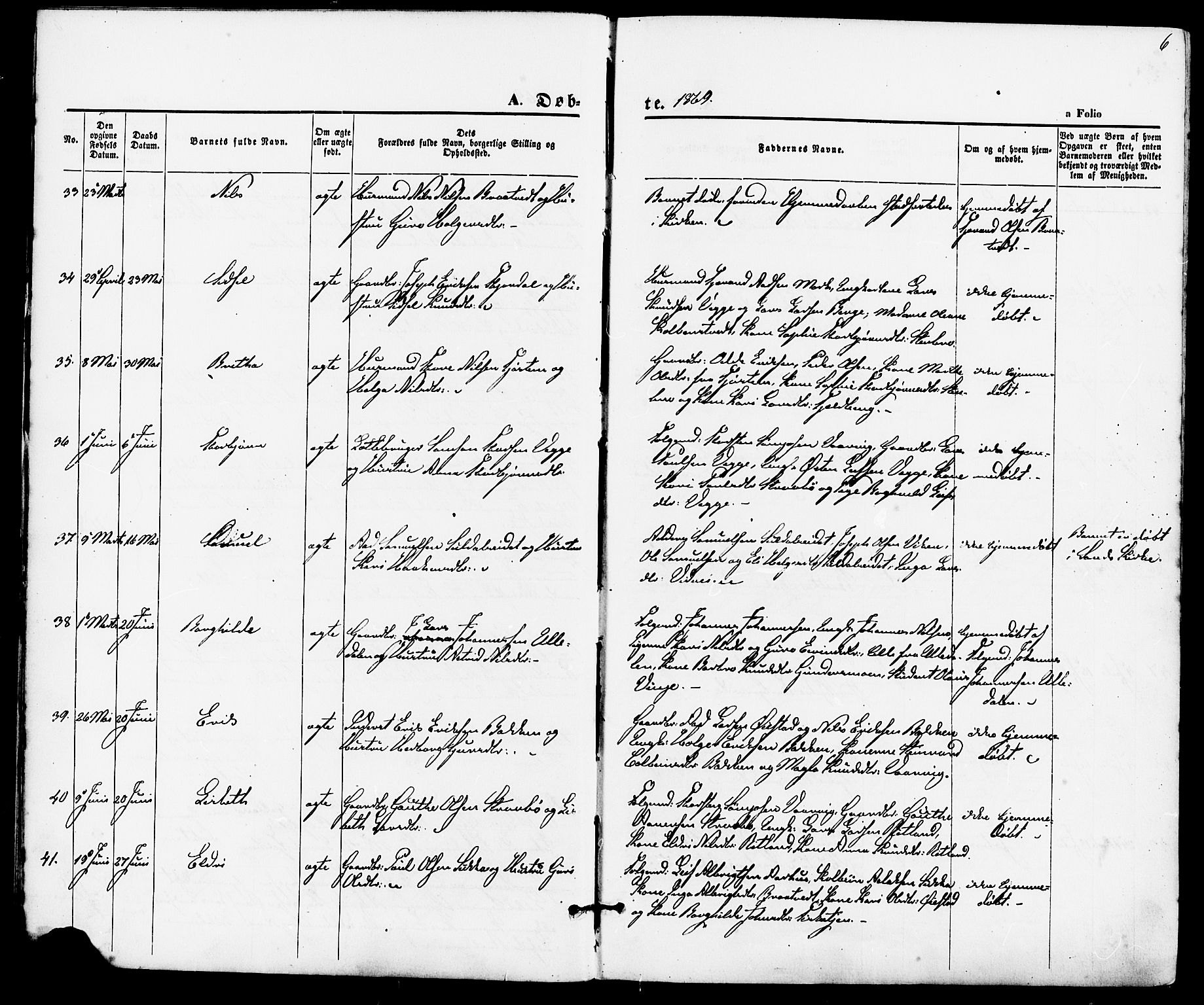 Suldal sokneprestkontor, AV/SAST-A-101845/01/IV/L0010: Parish register (official) no. A 10, 1869-1878, p. 6