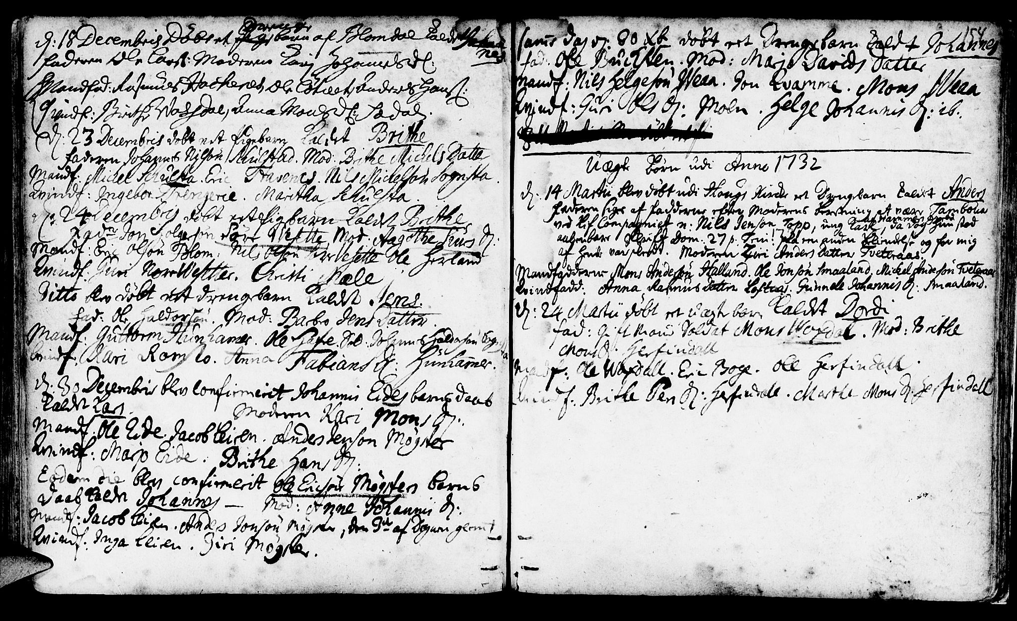 Haus sokneprestembete, SAB/A-75601/H/Haa: Parish register (official) no. A 4, 1723-1733, p. 154