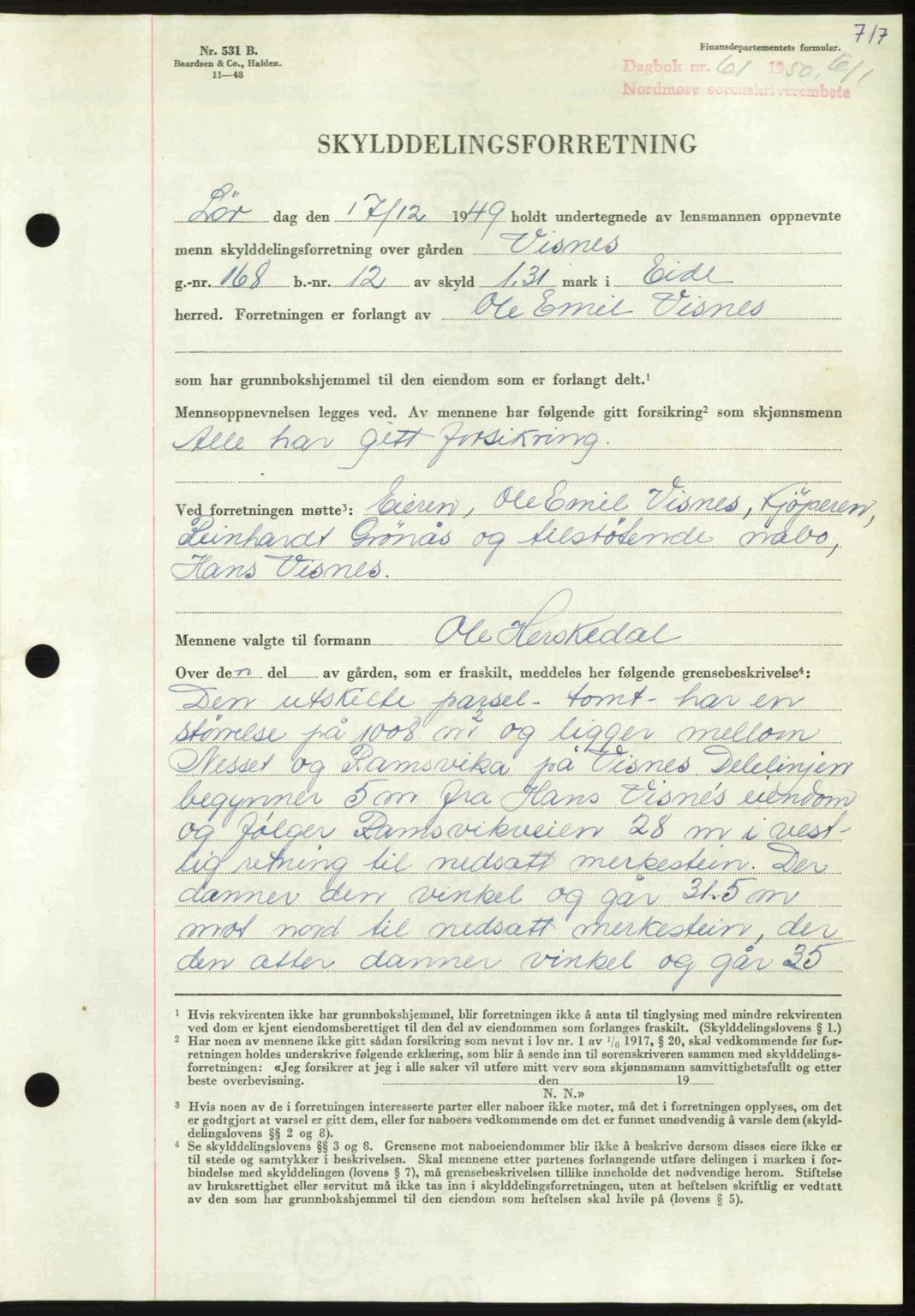 Nordmøre sorenskriveri, AV/SAT-A-4132/1/2/2Ca: Mortgage book no. A113, 1949-1950, Diary no: : 61/1950