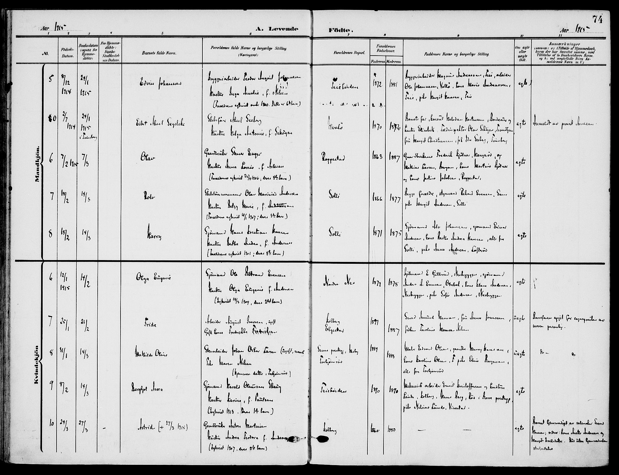 Nøtterøy kirkebøker, AV/SAKO-A-354/F/Fa/L0010: Parish register (official) no. I 10, 1908-1919, p. 74