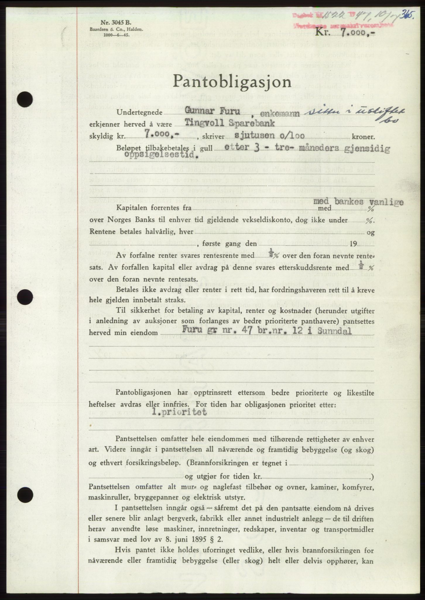 Nordmøre sorenskriveri, AV/SAT-A-4132/1/2/2Ca: Mortgage book no. B96, 1947-1947, Diary no: : 1522/1947