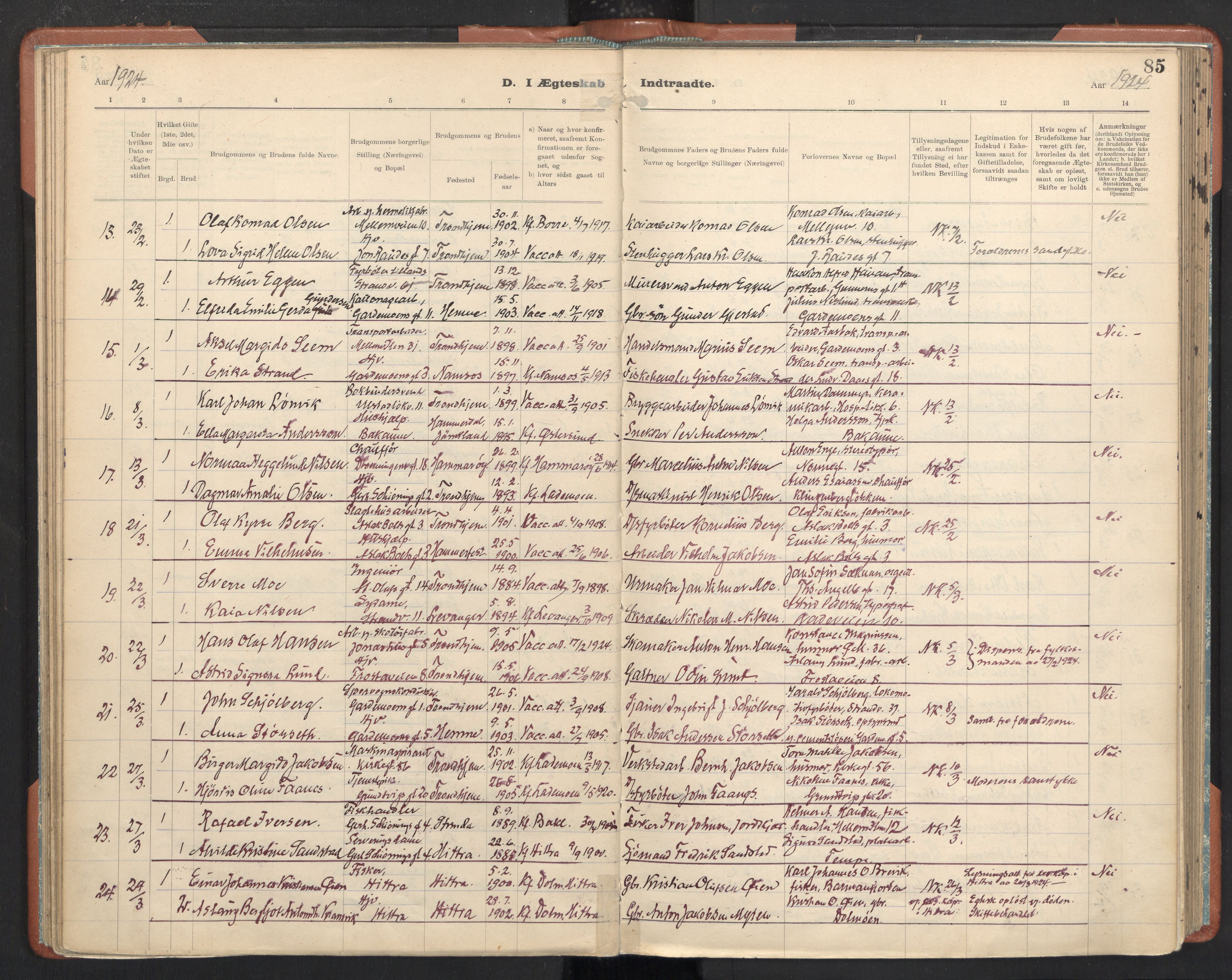Ministerialprotokoller, klokkerbøker og fødselsregistre - Sør-Trøndelag, SAT/A-1456/605/L0245: Parish register (official) no. 605A07, 1916-1938, p. 85