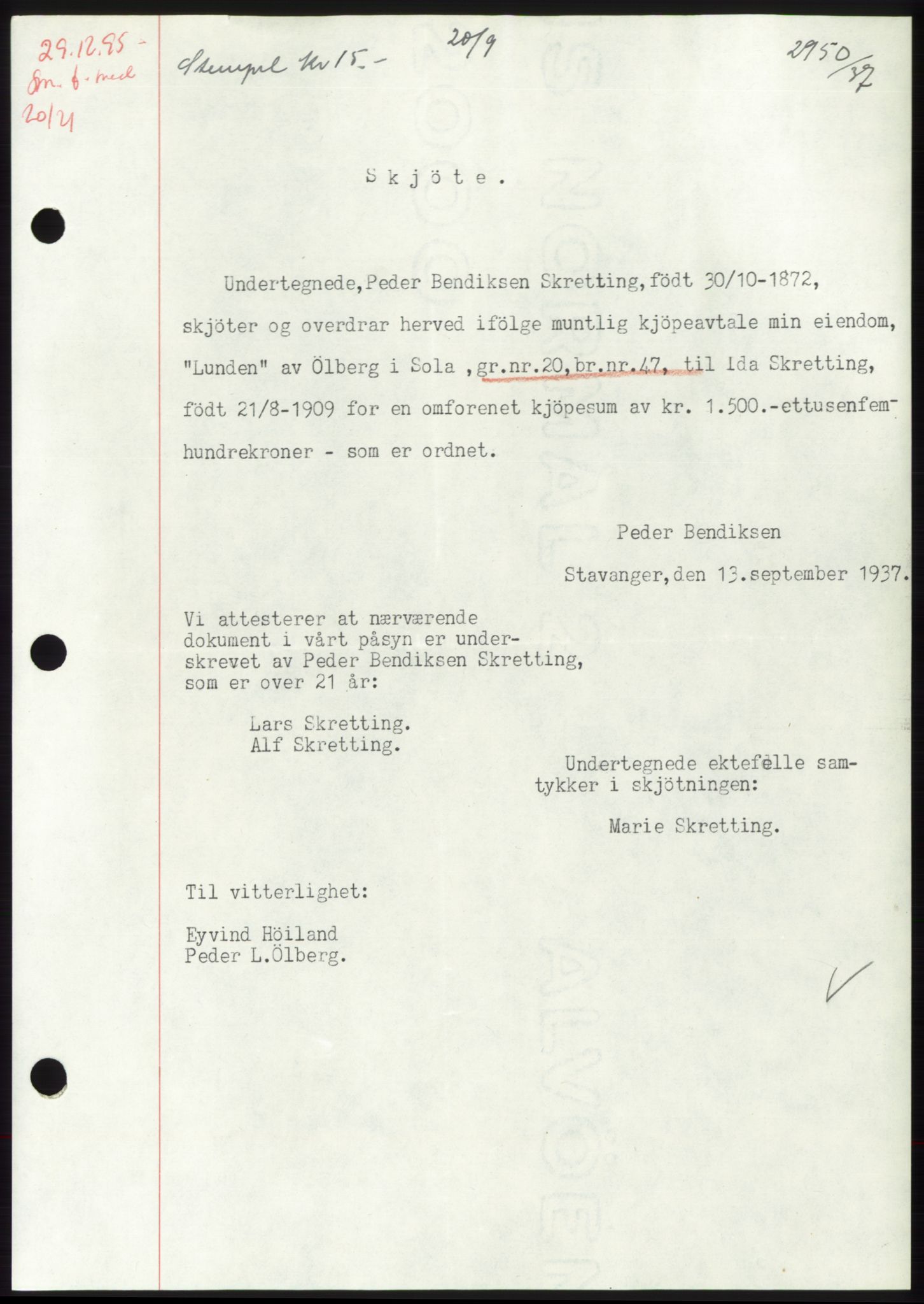 Jæren sorenskriveri, SAST/A-100310/03/G/Gba/L0069: Mortgage book, 1937-1937, Diary no: : 2950/1937