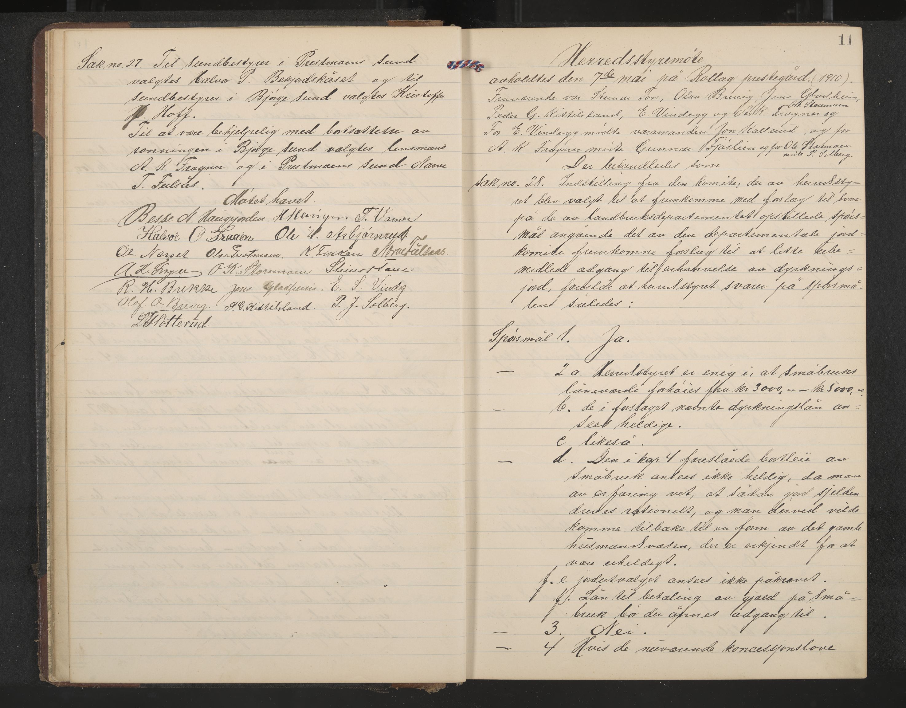 Rollag formannskap og sentraladministrasjon, IKAK/0632021-2/A/Aa/L0005: Møtebok, 1909-1915, p. 11