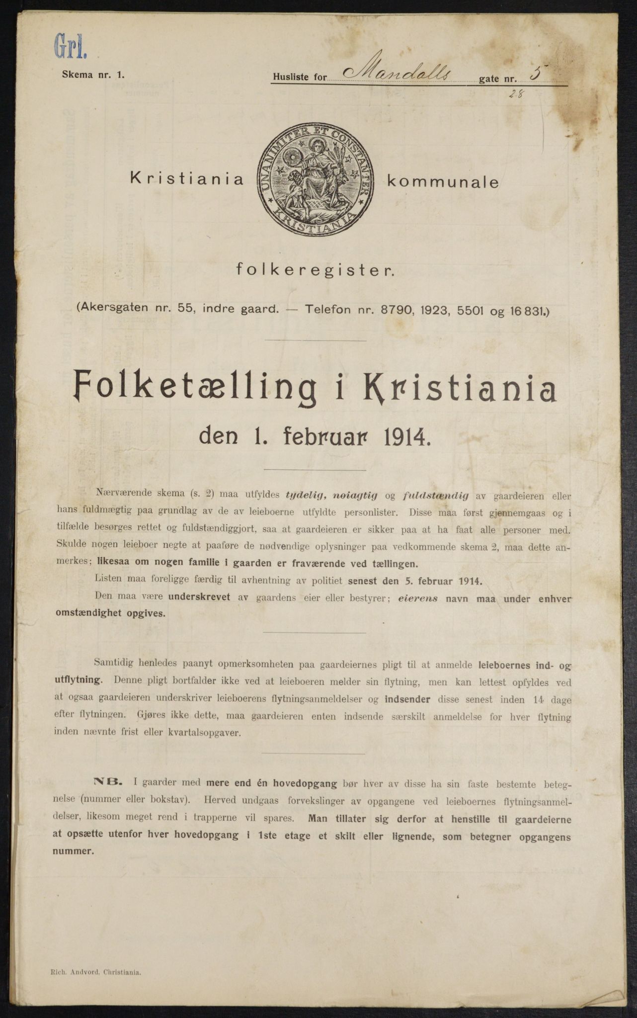 OBA, Municipal Census 1914 for Kristiania, 1914, p. 60052