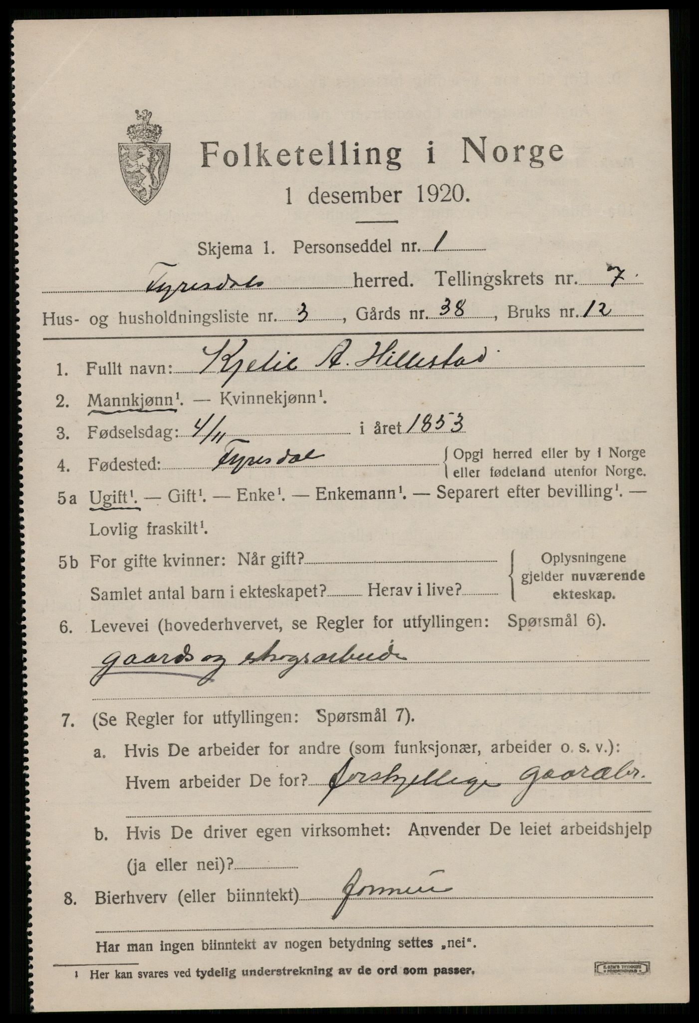 SAKO, 1920 census for Fyresdal, 1920, p. 2683